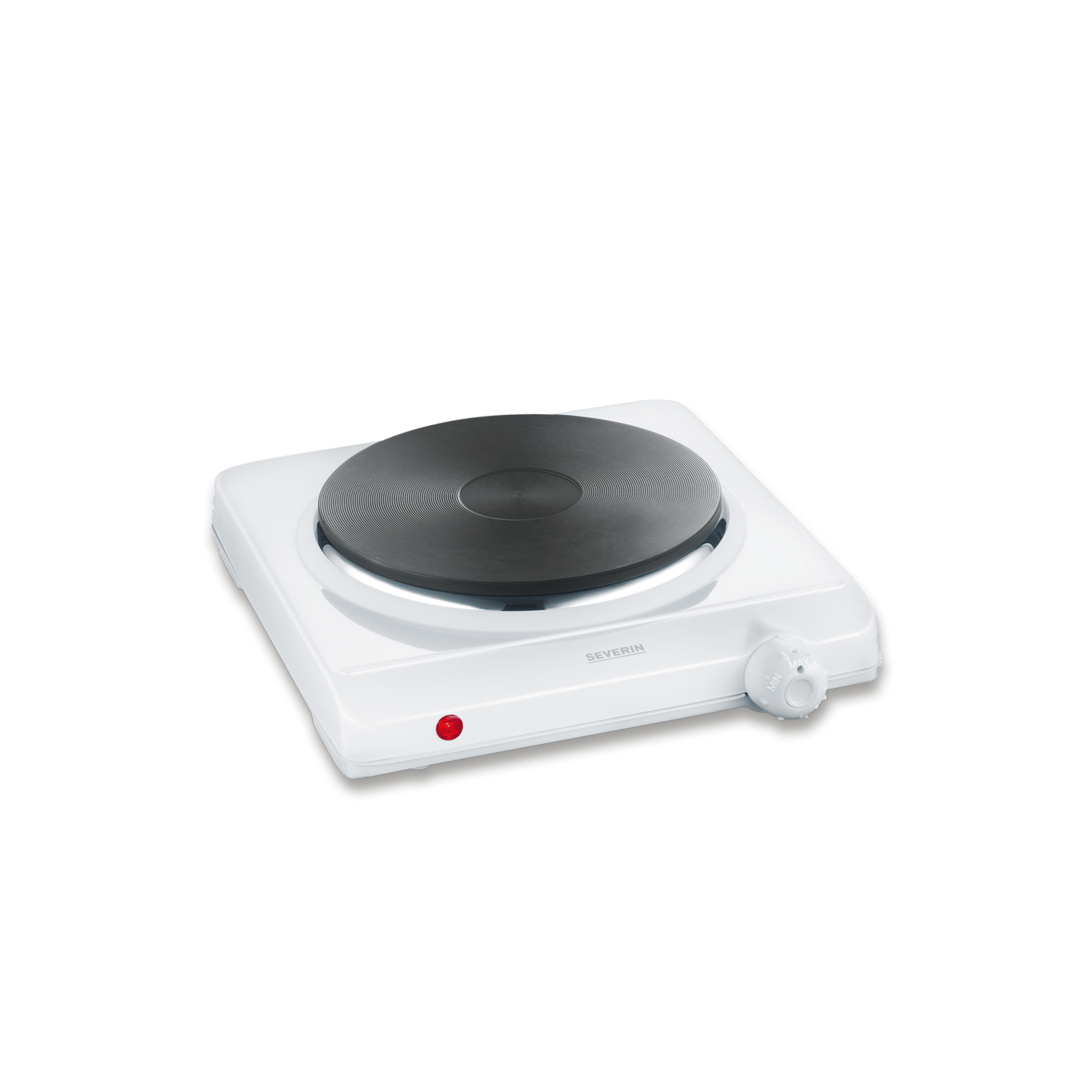Biała płyta elektryczna z okrągłą powierzchnią grzewczą i czerwoną lampką kontrolną.