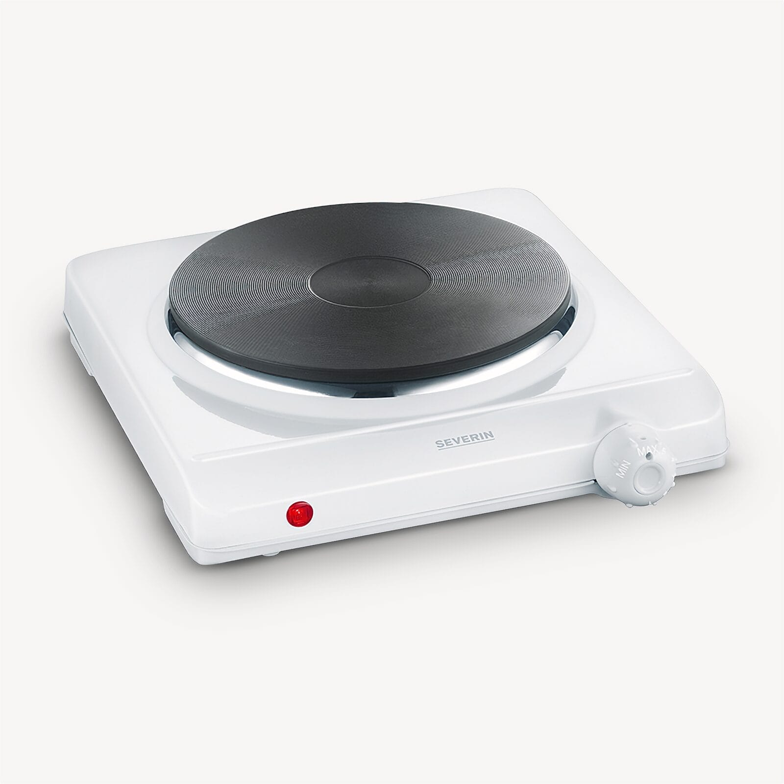 Biała płyta elektryczna Severin z czarną powierzchnią grzewczą i czerwoną lampką kontrolną.