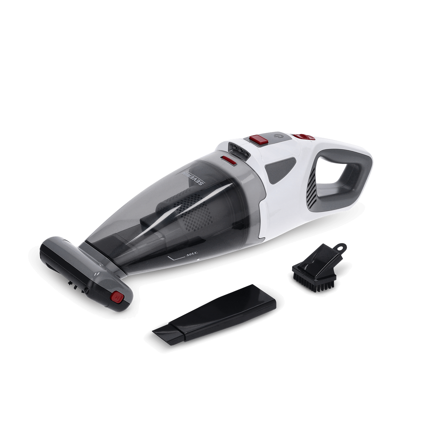 Biały odkurzacz ręczny z akcesoriami na czarnym tle.