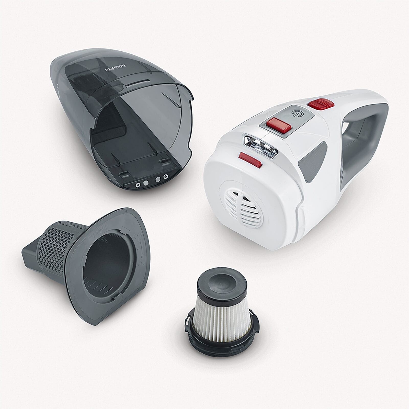 Biały odkurzacz ręczny z akcesoriami: pojemnik, filtr i filtr.