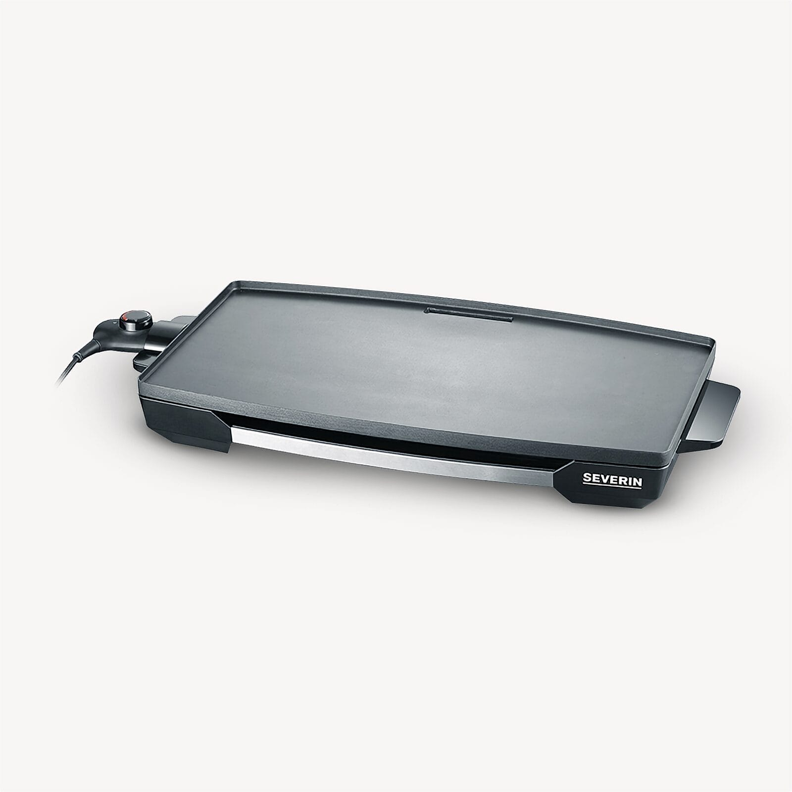 Piastra grill elettrica con alloggiamento nero e maniglia argentata.