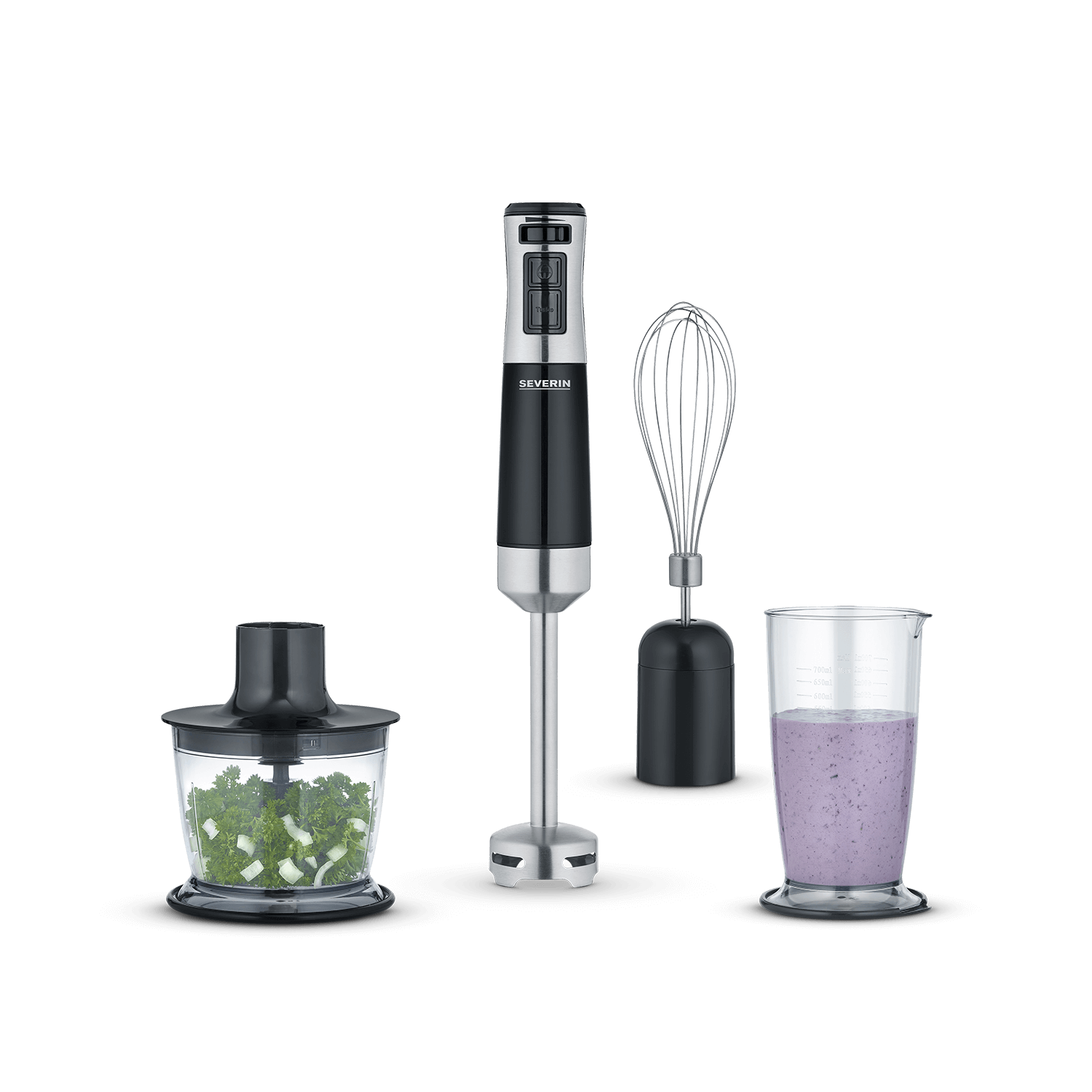 Een staafmixer met accessoires: hakker, garde en een glas met smoothie.