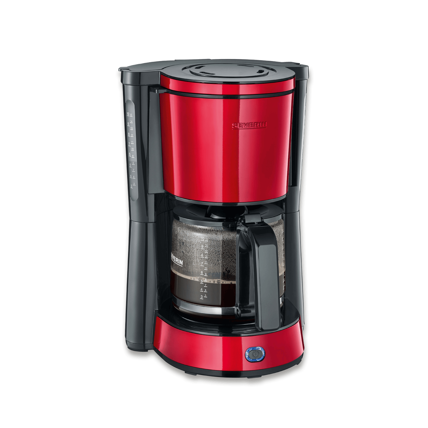 Czerwono-czarny ekspres do kawy ze szklanym dzbankiem, wypełniony kawą.