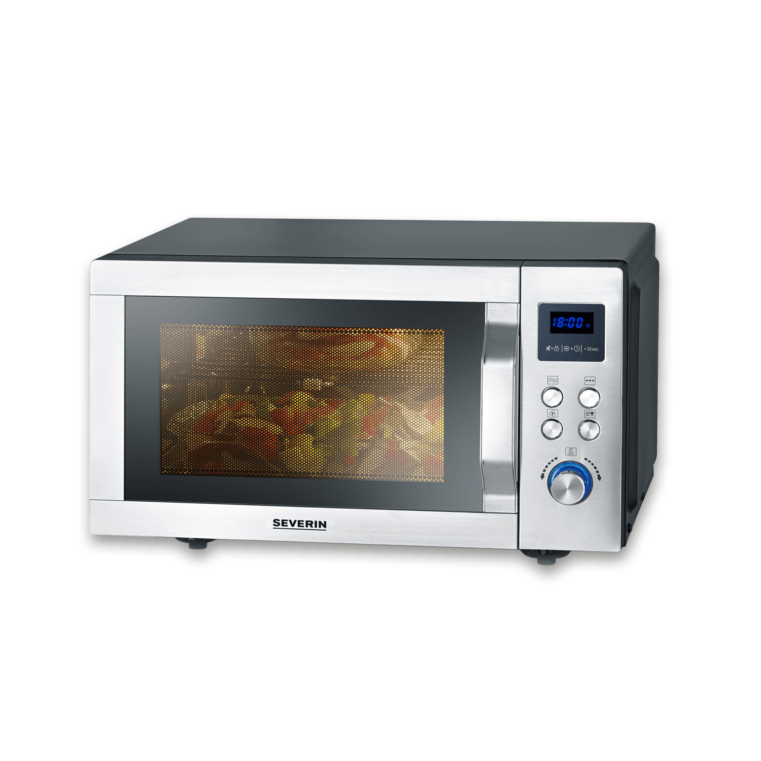 Srebrna kuchenka mikrofalowa Severin z podświetlanym wnętrzem i jedzeniem w środku.