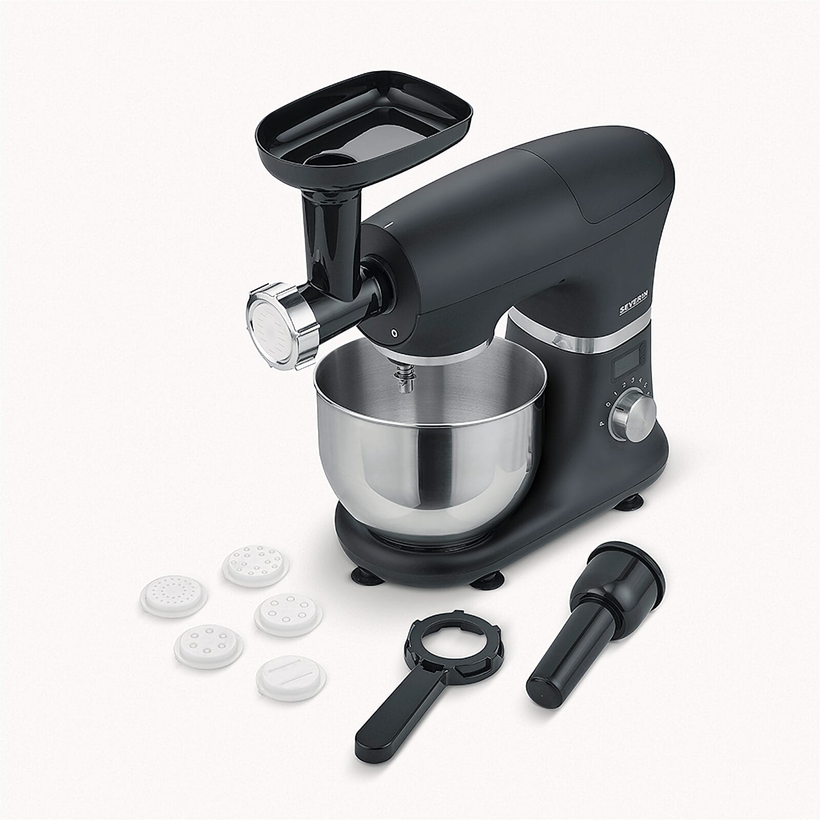 Impastatrice nera con accessorio tritacarne, ciotola in acciaio inox e accessori.