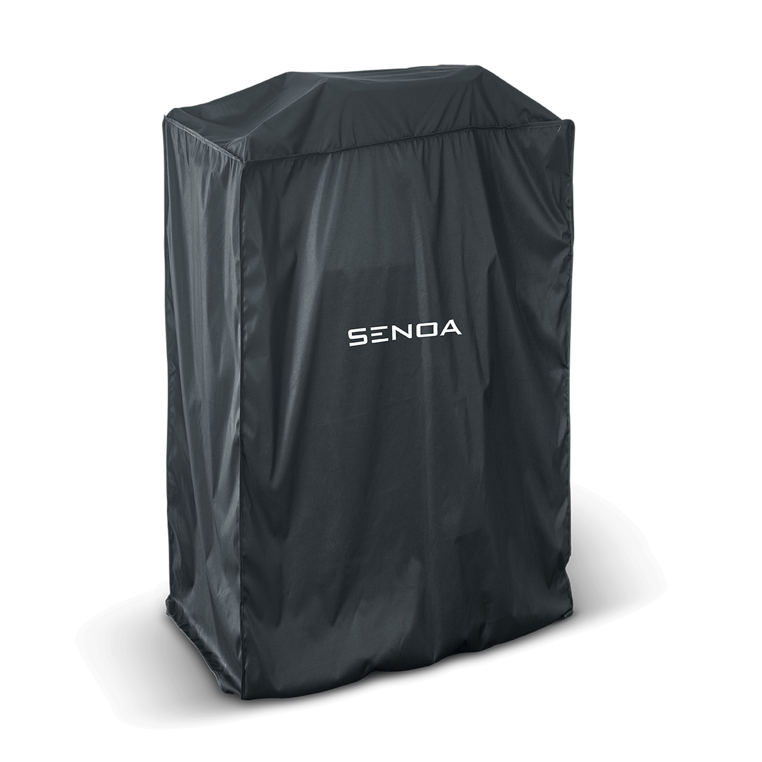 Copertura in tessuto grigio scuro per un dispositivo rettangolare con scritta bianca.