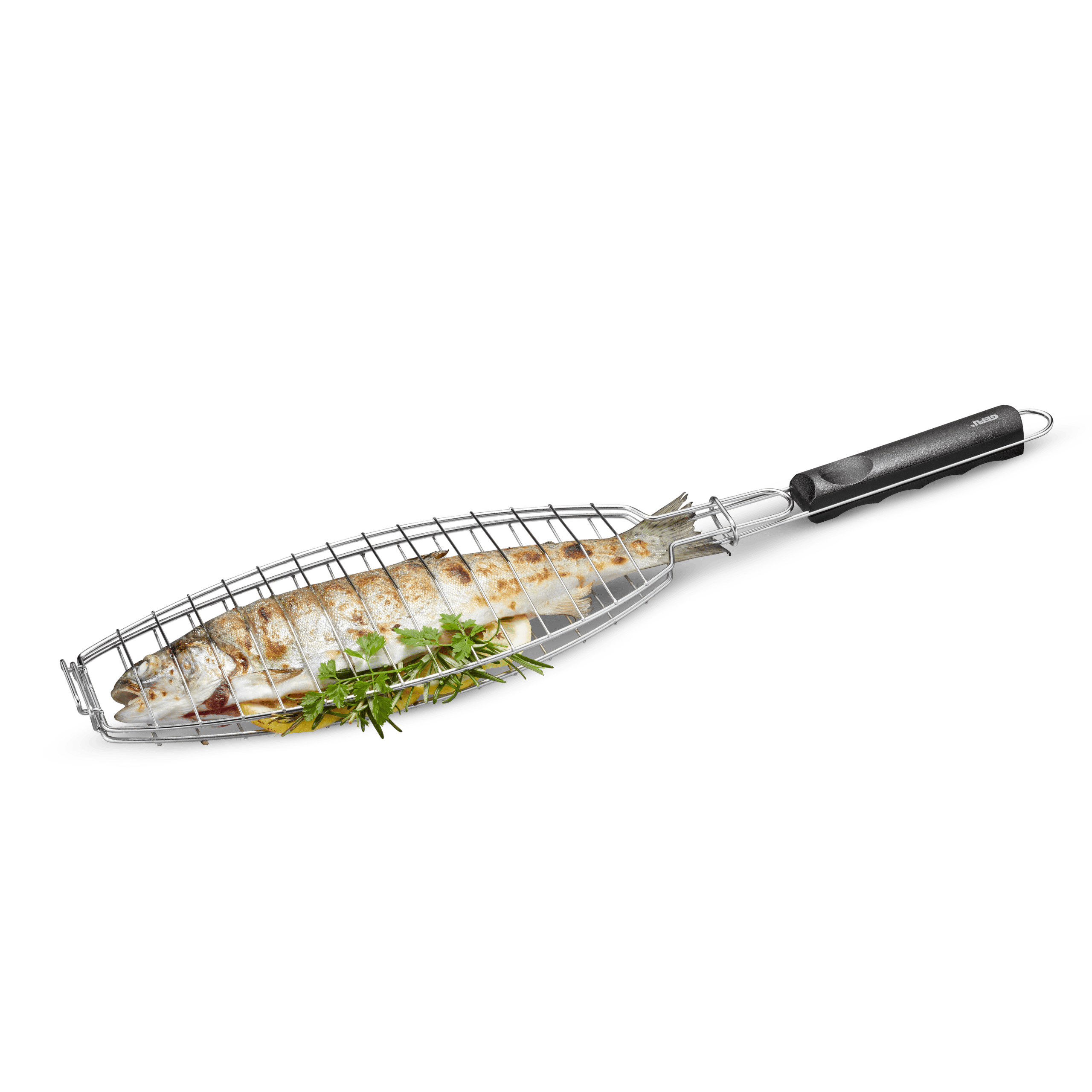 Ein gegrillter Fisch in einem silbernen Grillkorb mit Kräutern und Zitrone.