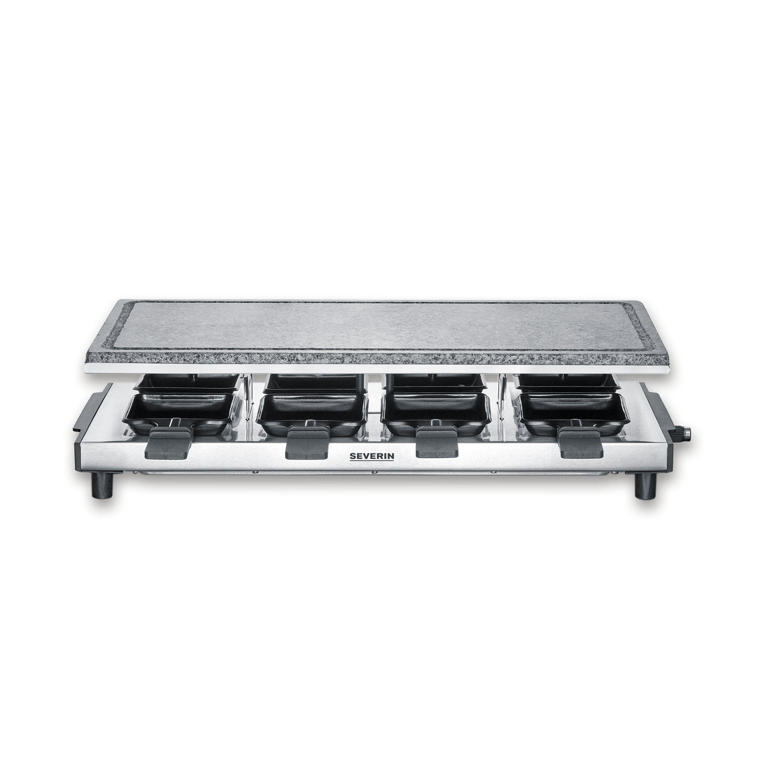 An electric raclette grill with a stone plate and four pans.
