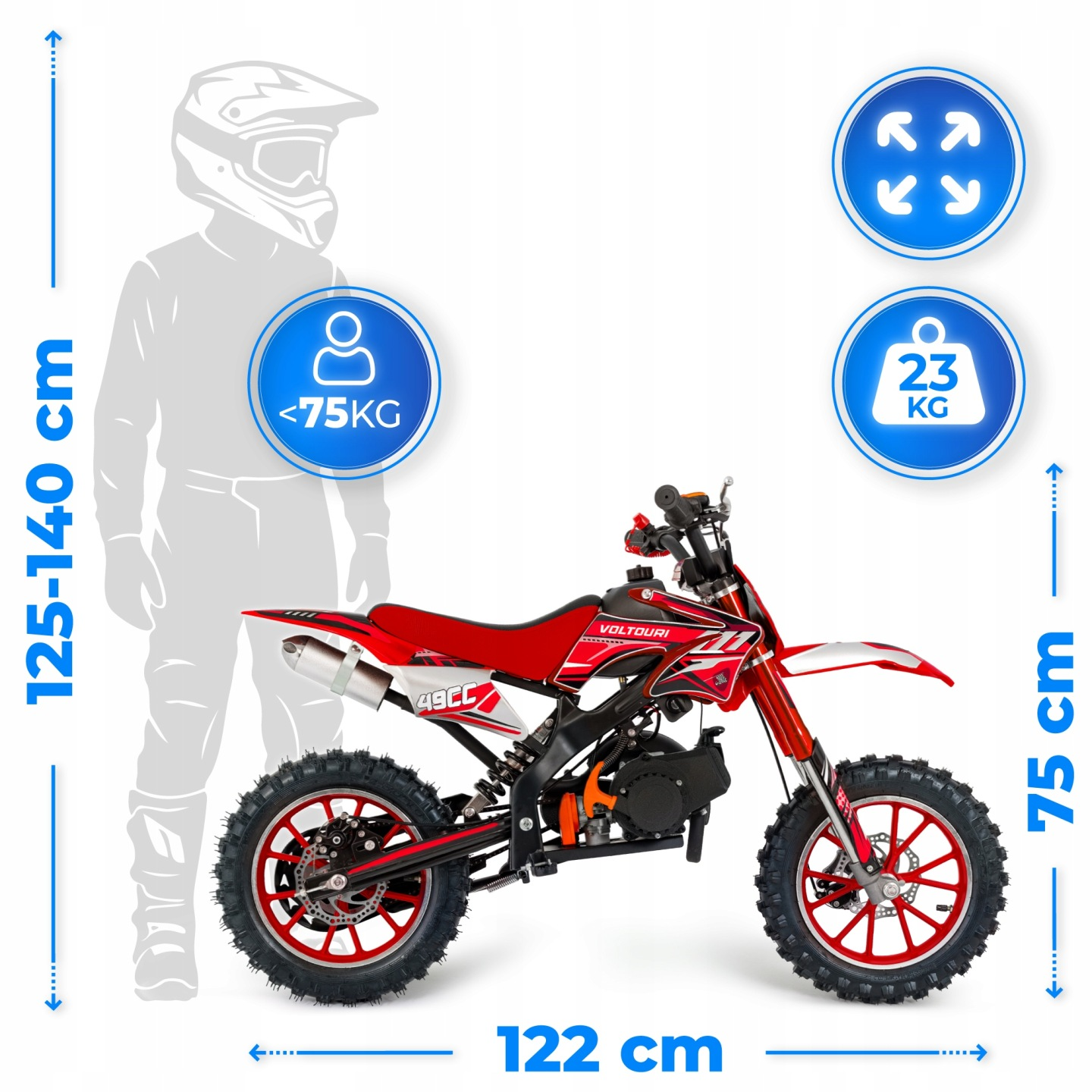 Czerwony motor cross dla dzieci, 122cm długi, 75cm wysoki. Max. waga <lt/>75kg.