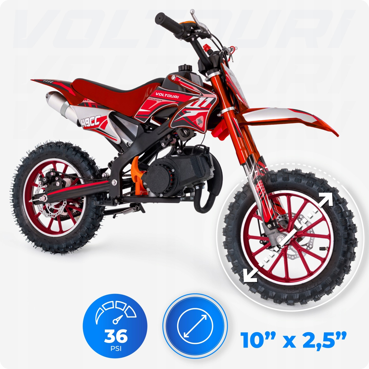 Czerwono-czarny motor cross 49cc z oponami terenowymi. 36 PSI i koła 10x2,5 cala.