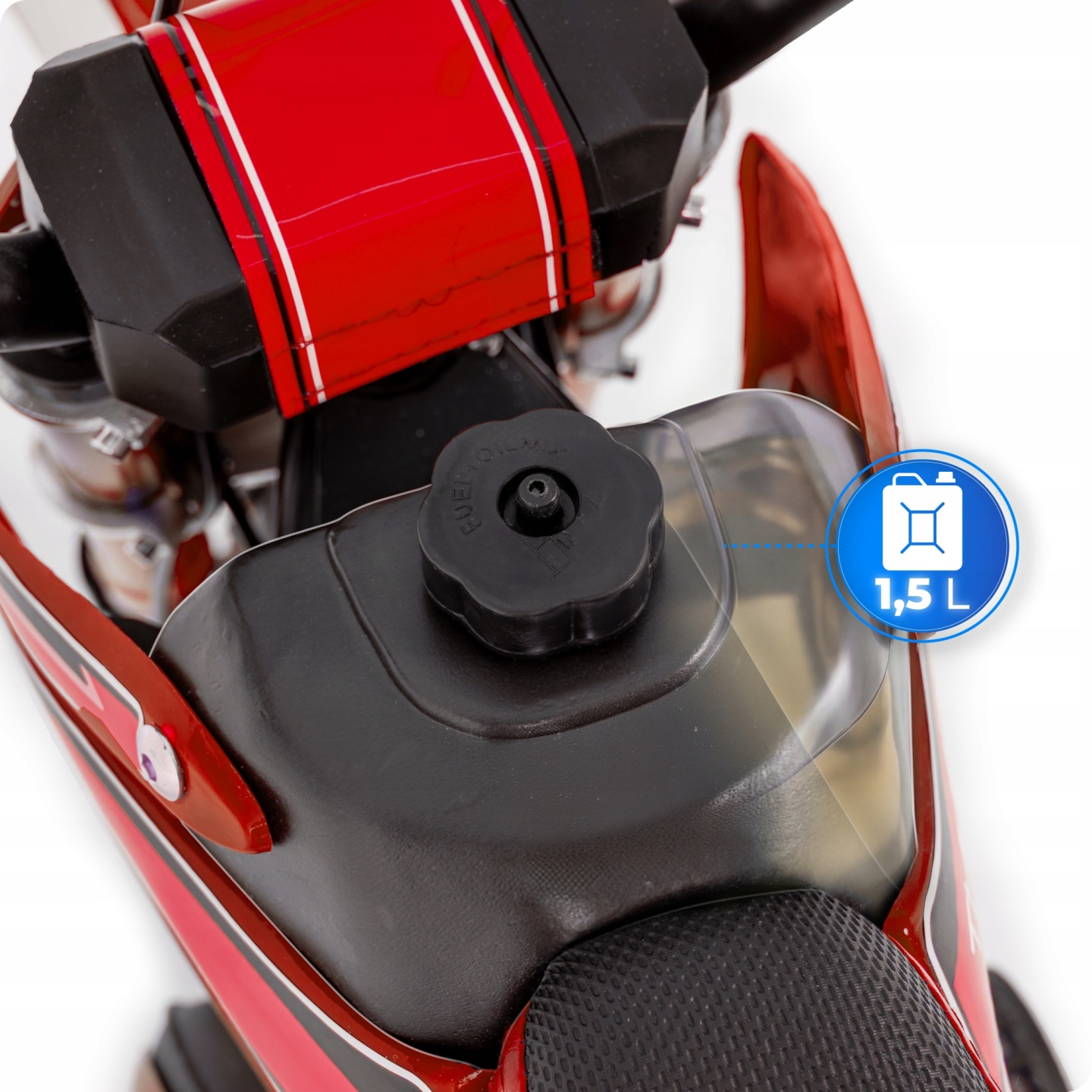 Zbliżenie czerwonego motocykla z czarnym korkiem paliwa i ikoną 1,5 L.