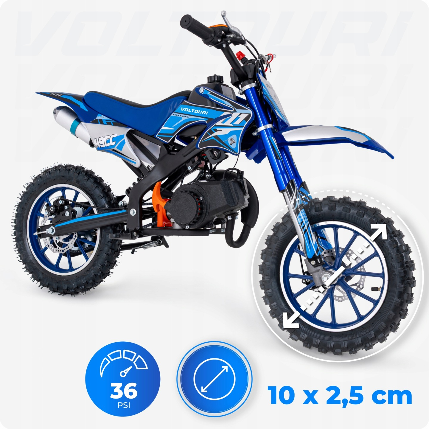Niebiesko-czarny motocykl 49cc z oponami 36 PSI, rozmiar 10x2,5 cm.