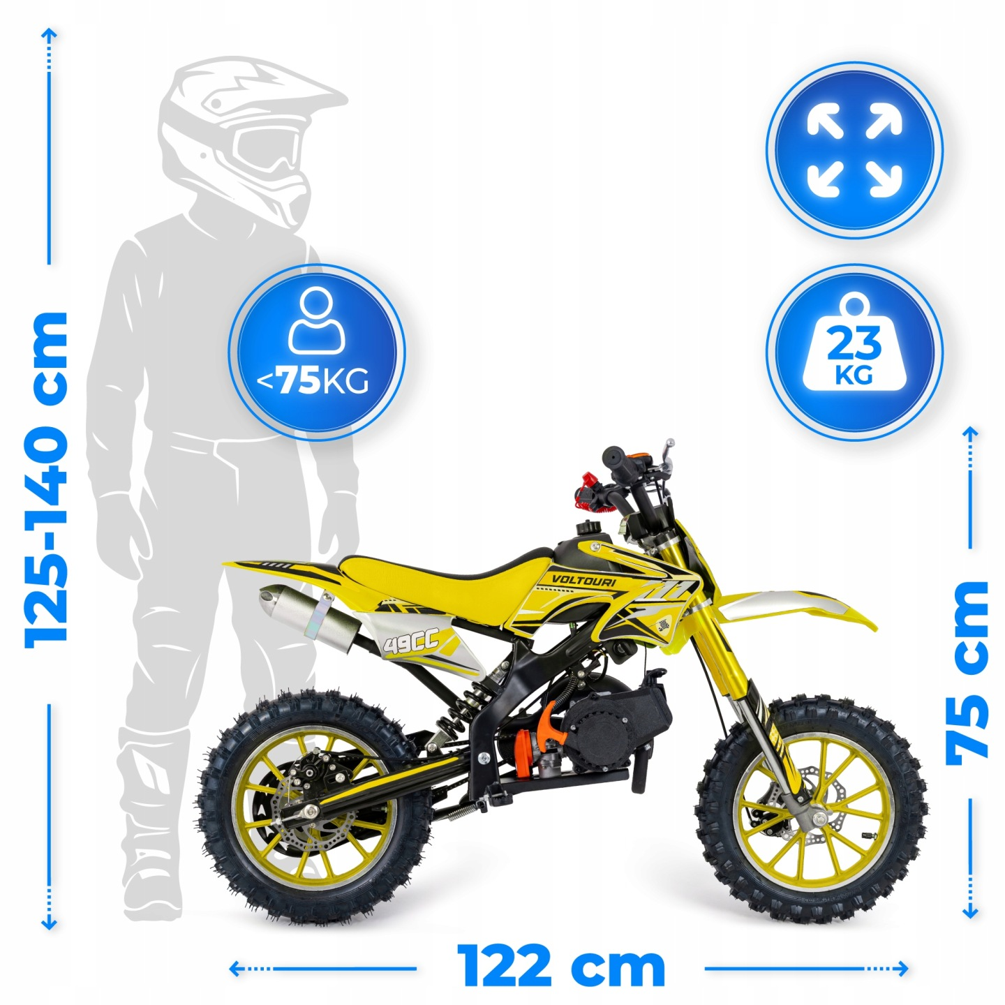 Żółty motocykl dziecięcy z sylwetką jeźdźca, 122cm Dł, 75cm Wys, <lt/>75kg, 23kg.