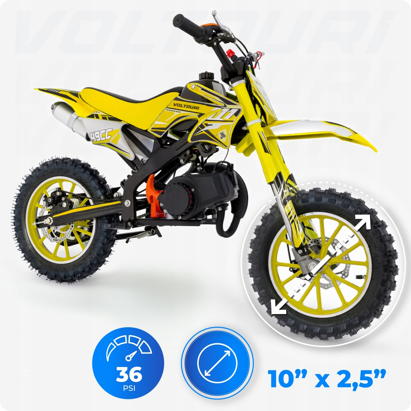 Żółty mini dirt bike z czarnymi akcentami, 49cc, 36 PSI, koła 10" x 2,5".