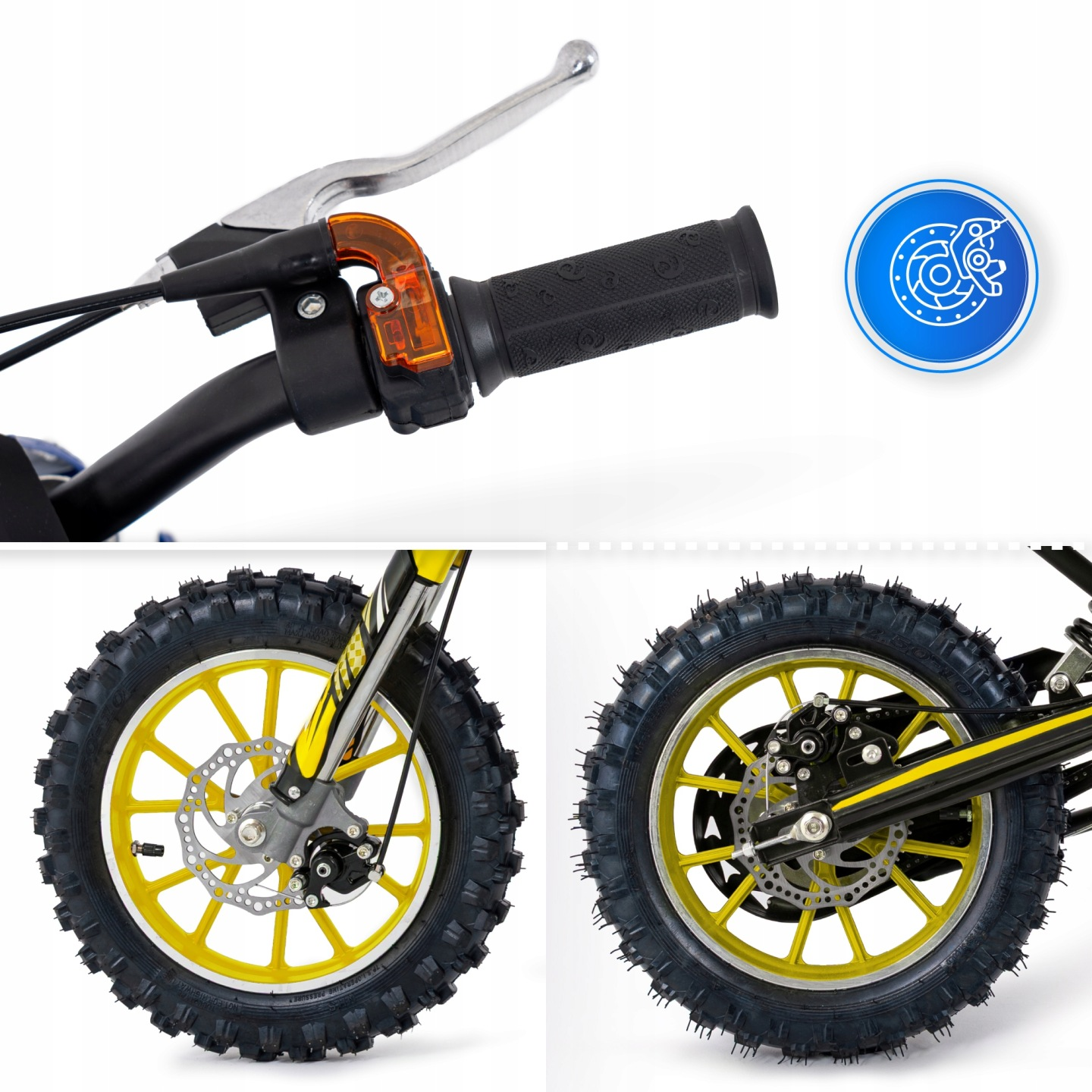 Zbliżenie kierownicy i kół roweru typu dirt bike z żółtymi obręczami.