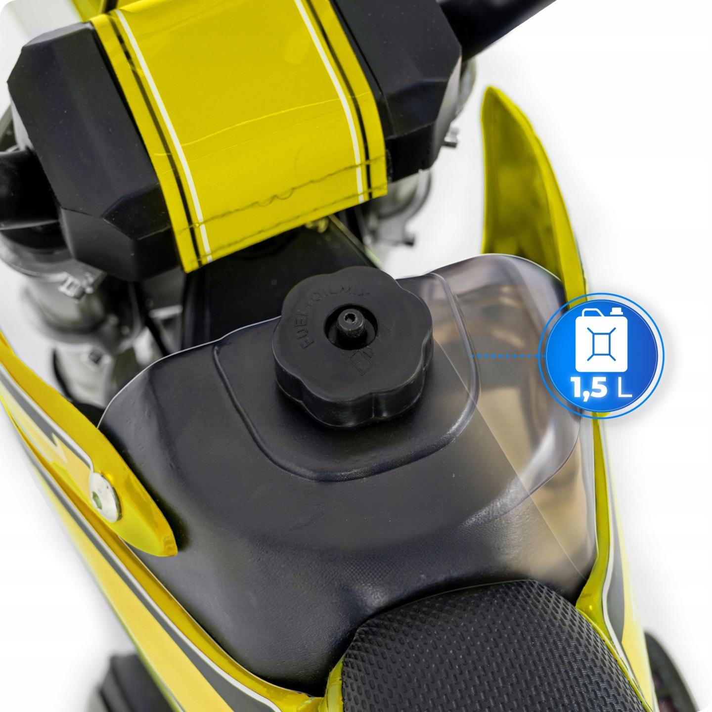 Zbliżenie żółtego zbiornika paliwa motocykla z ikoną 1,5 l.
