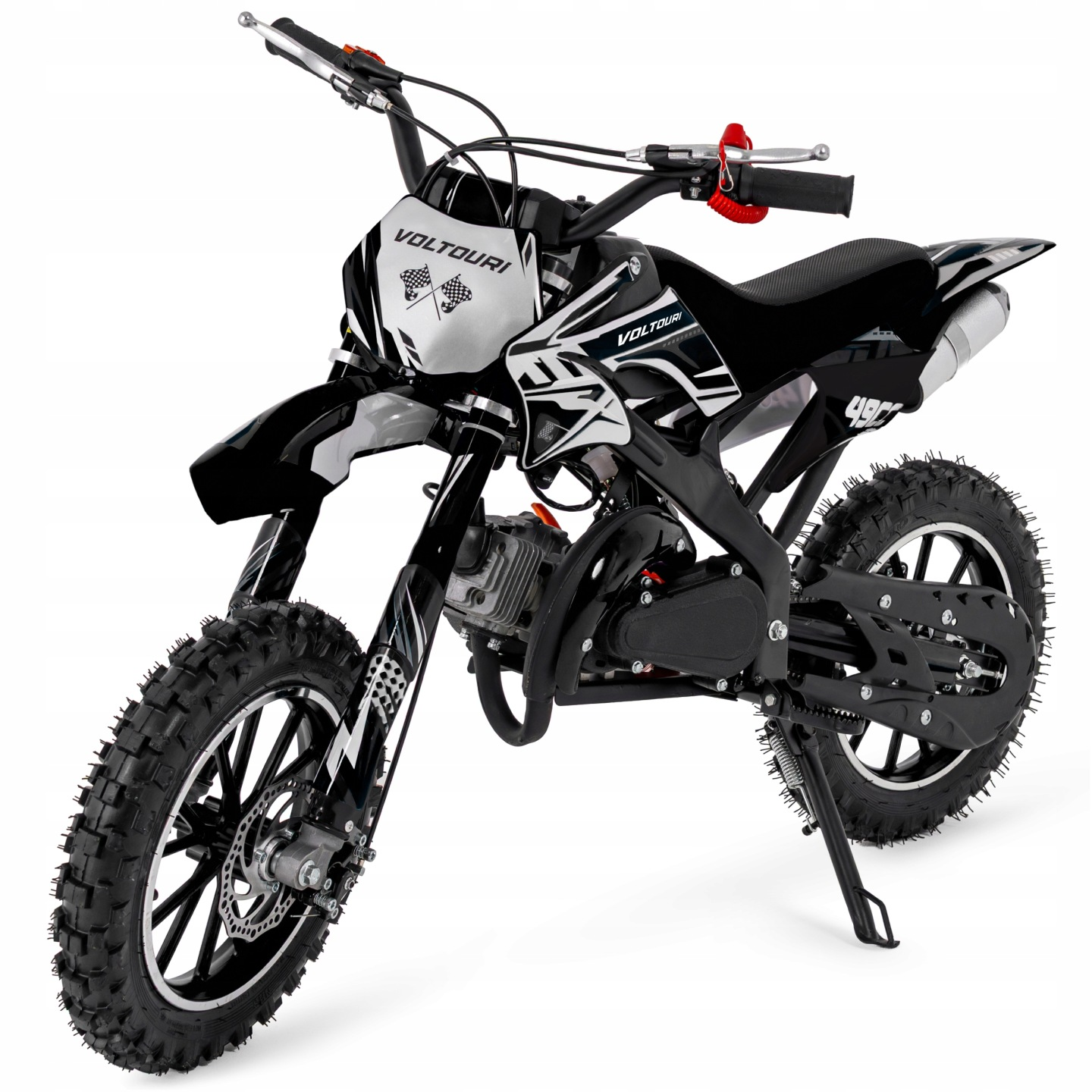 Czarny motocykl typu dirt bike z białymi i czarnymi grafikami, na białym tle.