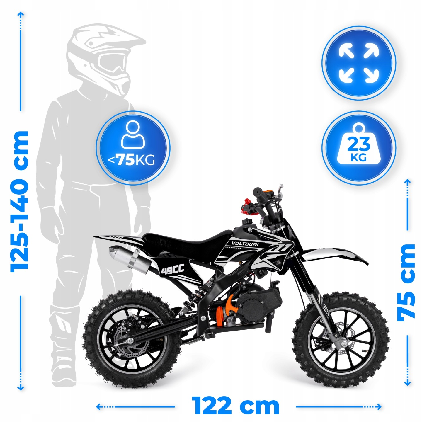 Czarny motocykl typu dirt bike z białymi naklejkami, wymiary 122x75cm.