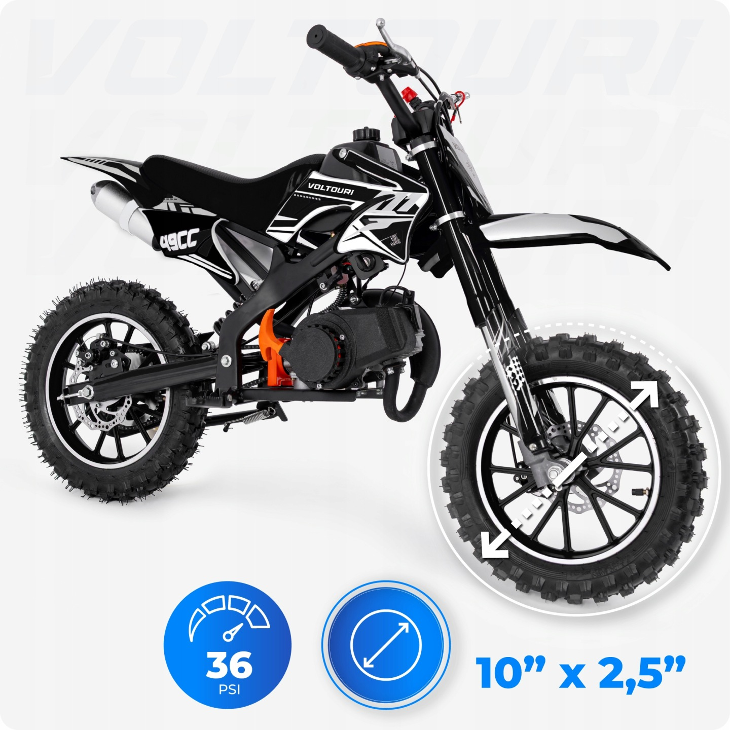 Czarny motocykl typu dirt bike 49cc z białymi akcentami, kołami 10 cali i 36 PSI.