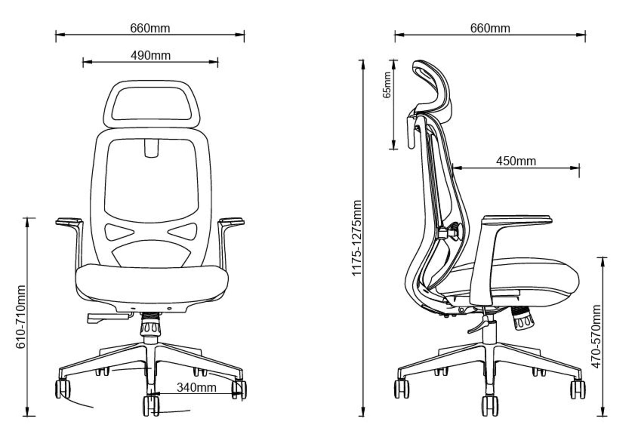Rysunek techniczny krzesła biurowego z wymiarami w milimetrach.