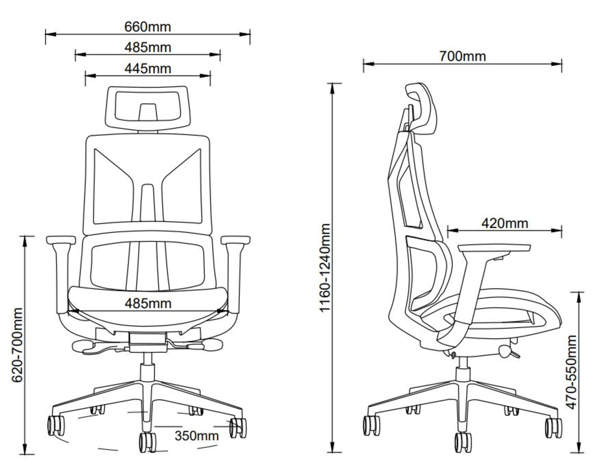 Rysunek techniczny krzesła biurowego z wymiarami w mm.