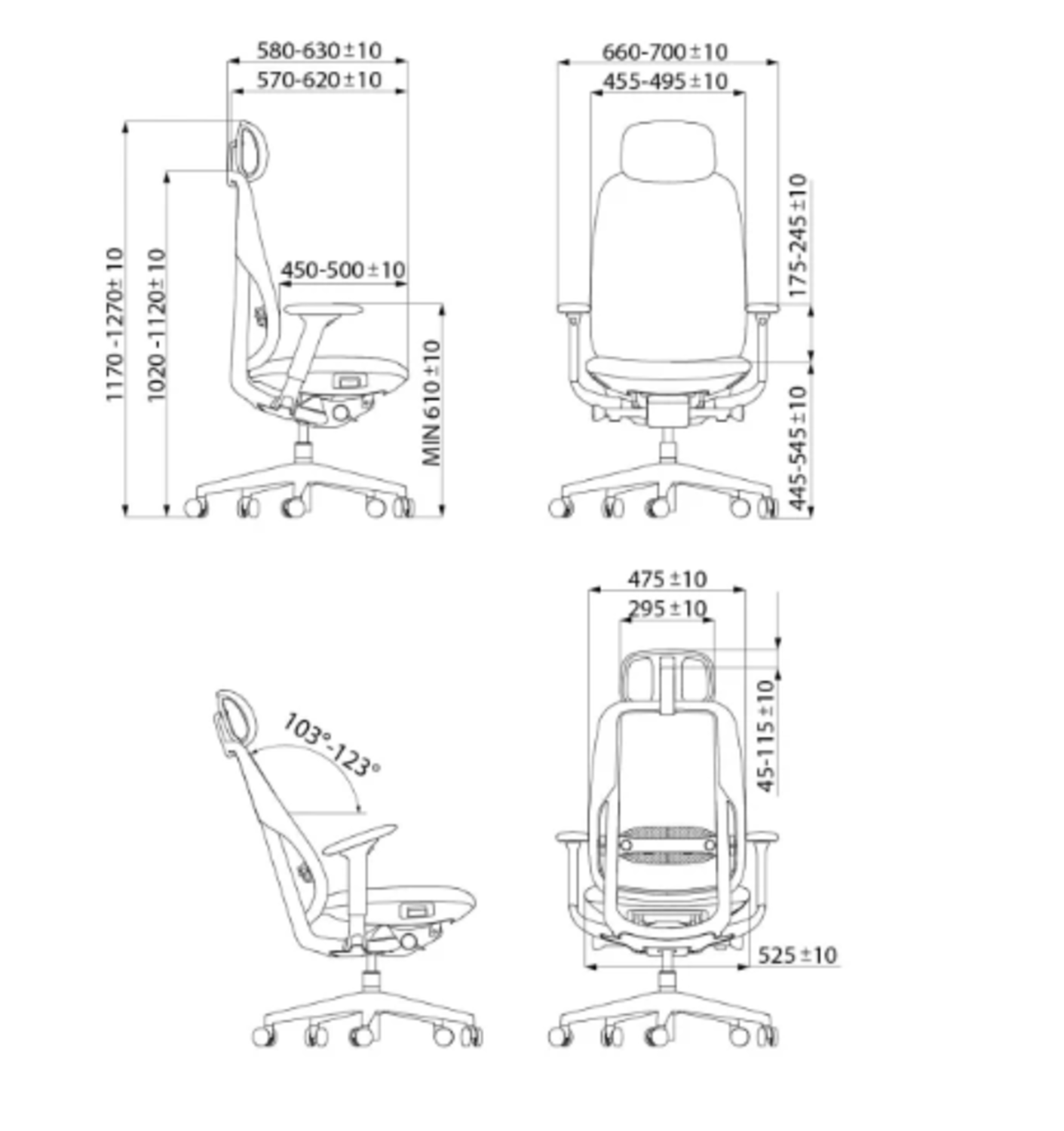 Rysunek techniczny krzesła biurowego z wymiarami i kątami.