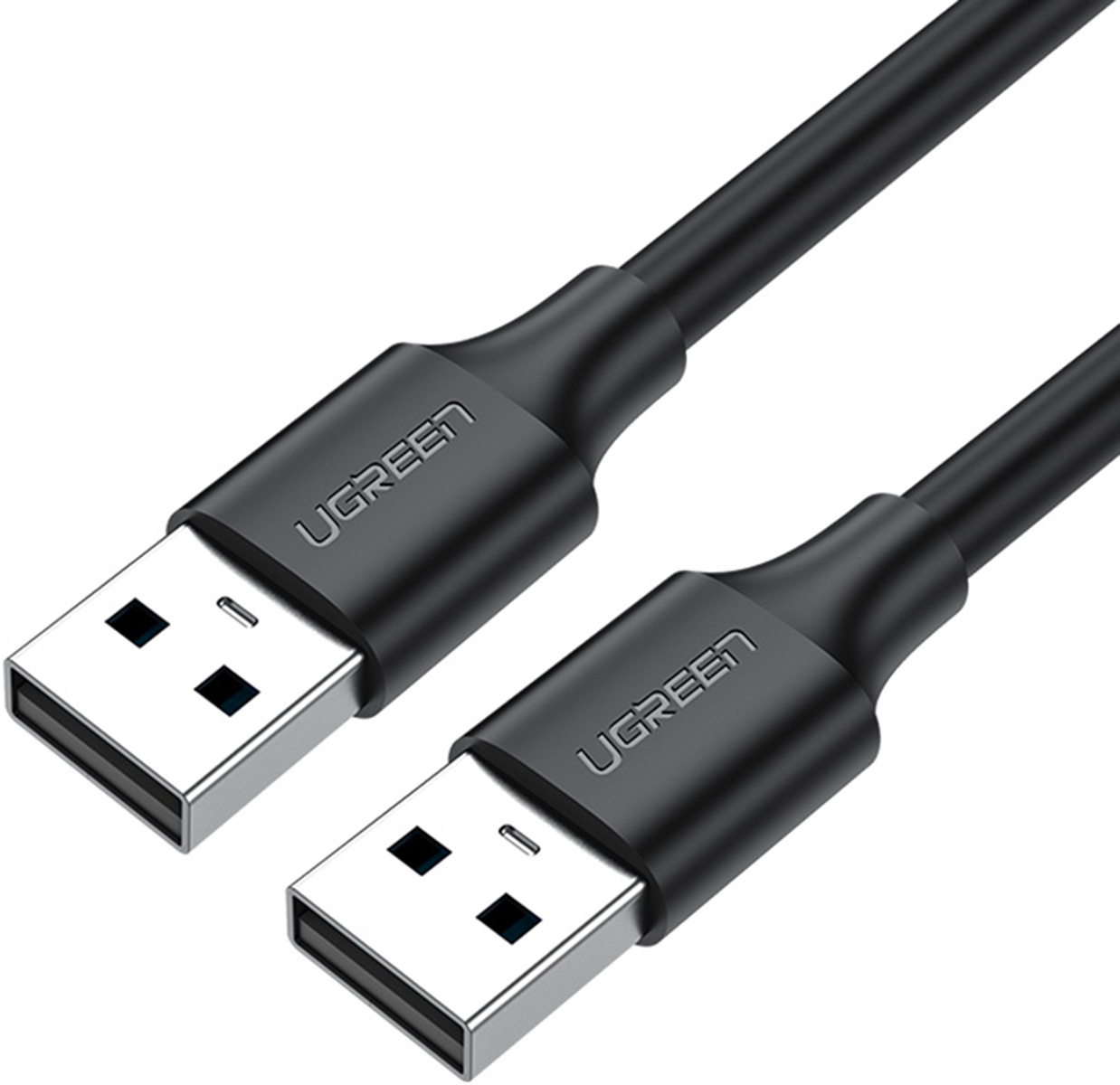 Dwa czarne kable USB ze srebrnymi złączami i niebieskimi wnętrzami.
