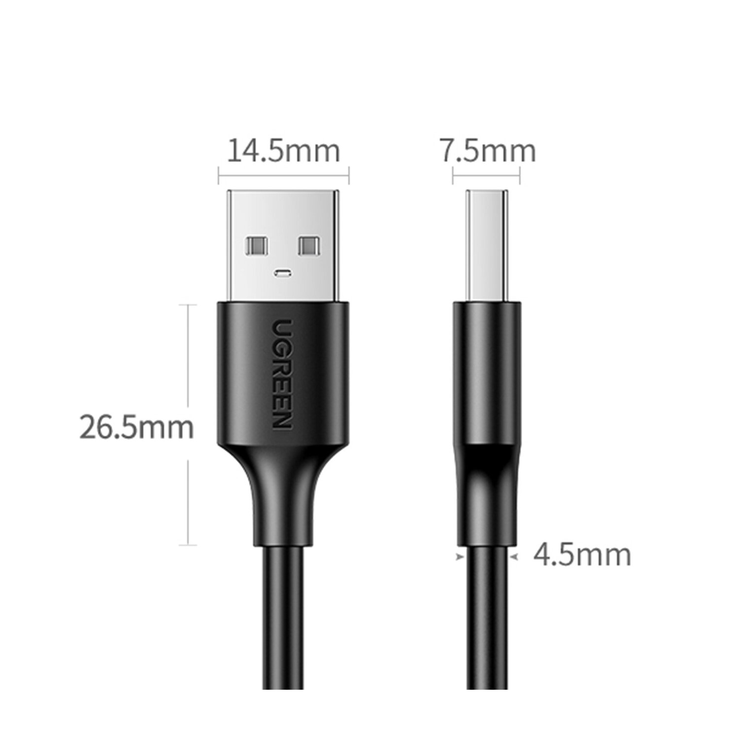 Czarny kabel USB-A do USB-C z wymiarami. Złącze USB-A ma 14,5 mm szerokości.