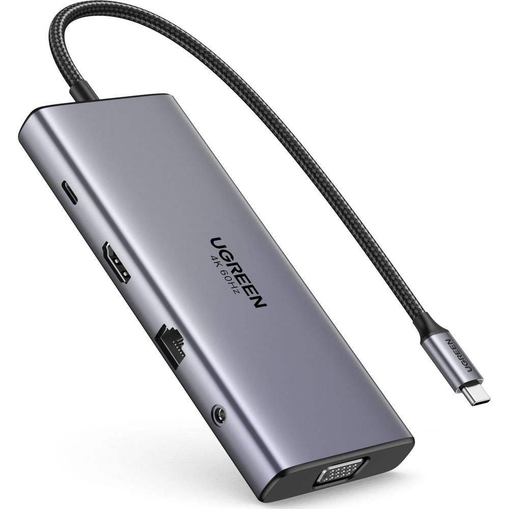 Szary hub USB-C z portami HDMI, VGA, LAN i audio.
