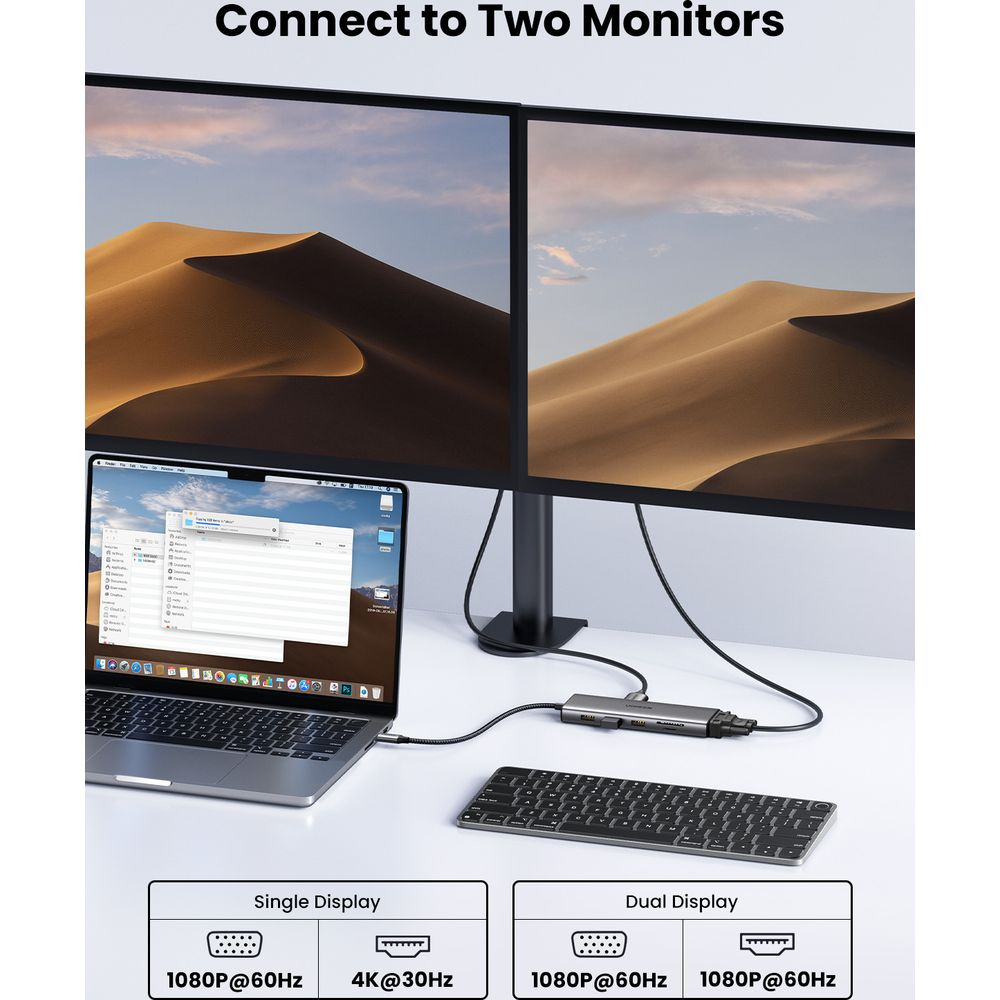 Laptop połączony ze stacją dokującą, która zasila dwa monitory z widokami pustyni.