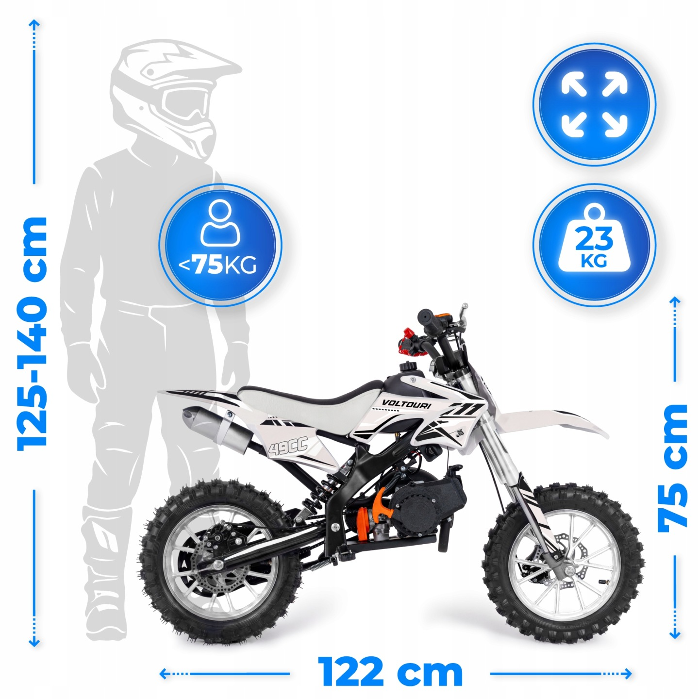 Biało-czarny mini cross z sylwetką jeźdźca, wymiarami i wagą.
