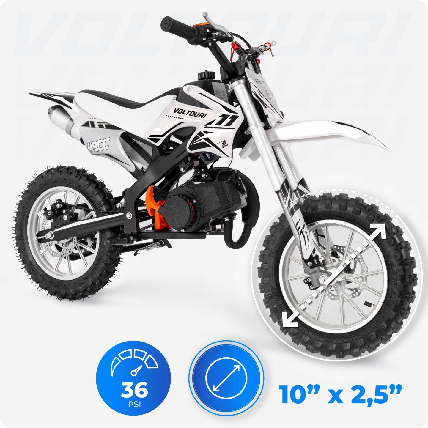 Biały motocykl typu dirt bike z czarnymi akcentami i logo 'VOLTOURI' na szarym tle.