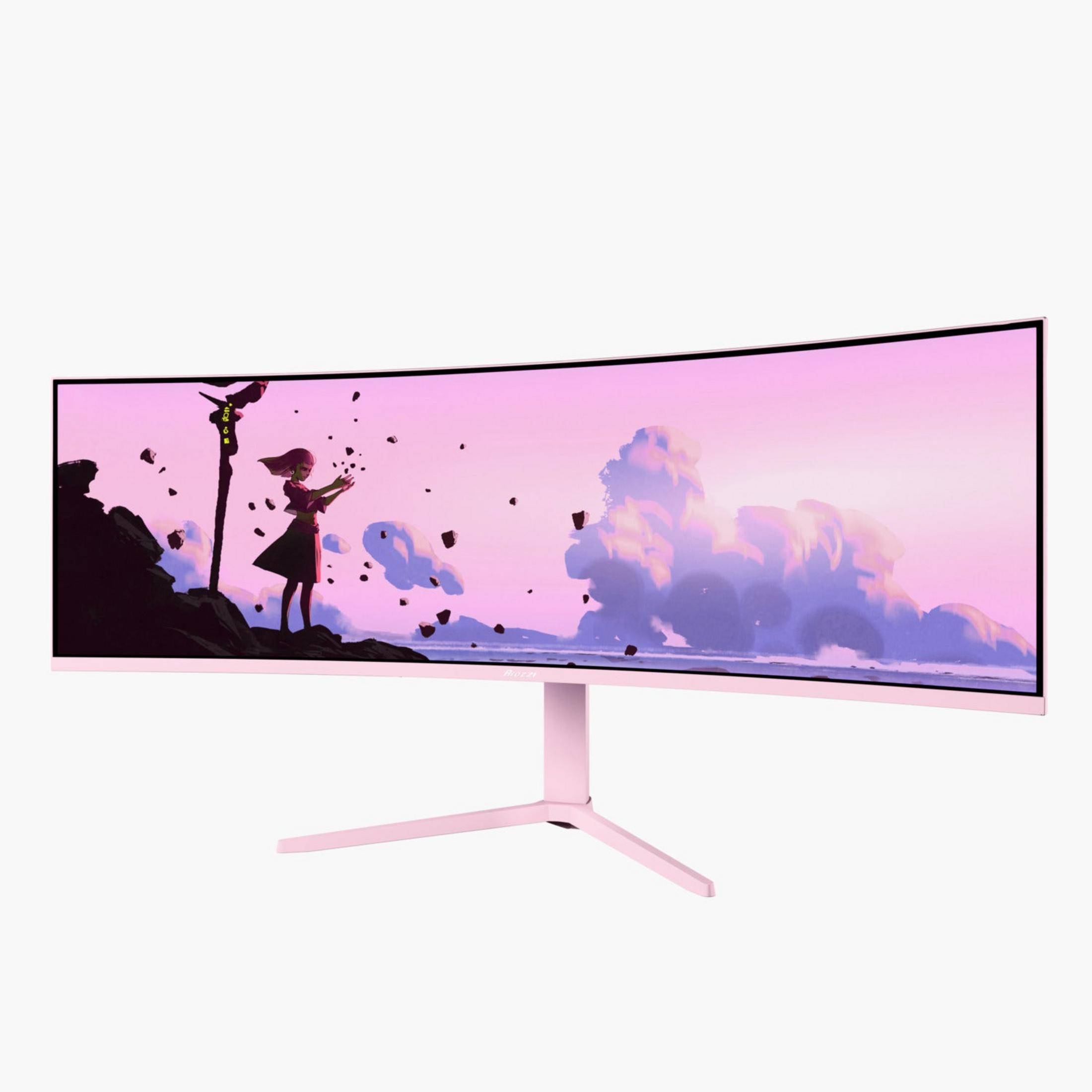 Różowy monitor ultrawide wyświetla scenę anime z młodą kobietą na skalistym występie.