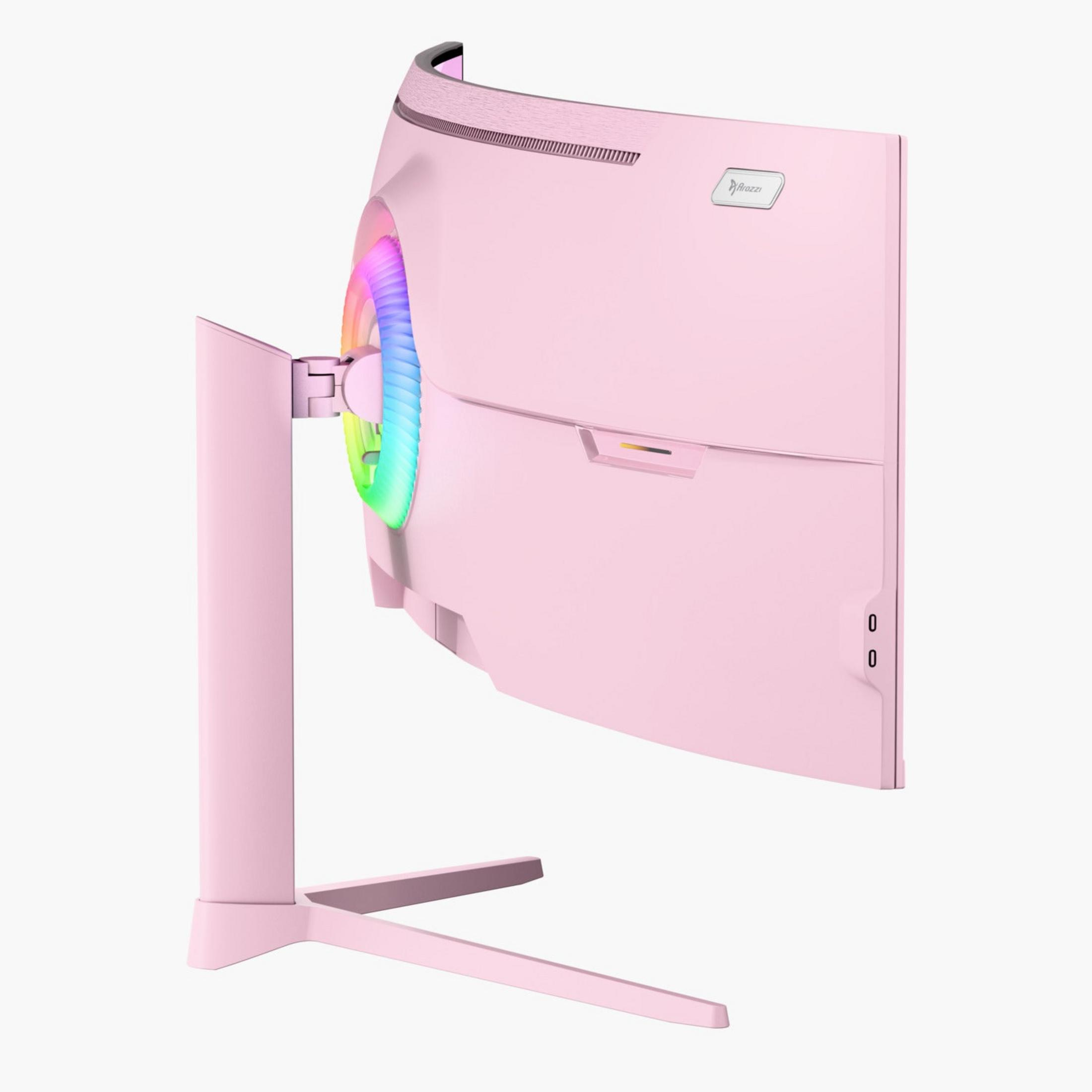 Różowy monitor gamingowy z podświetleniem RGB na stojaku.