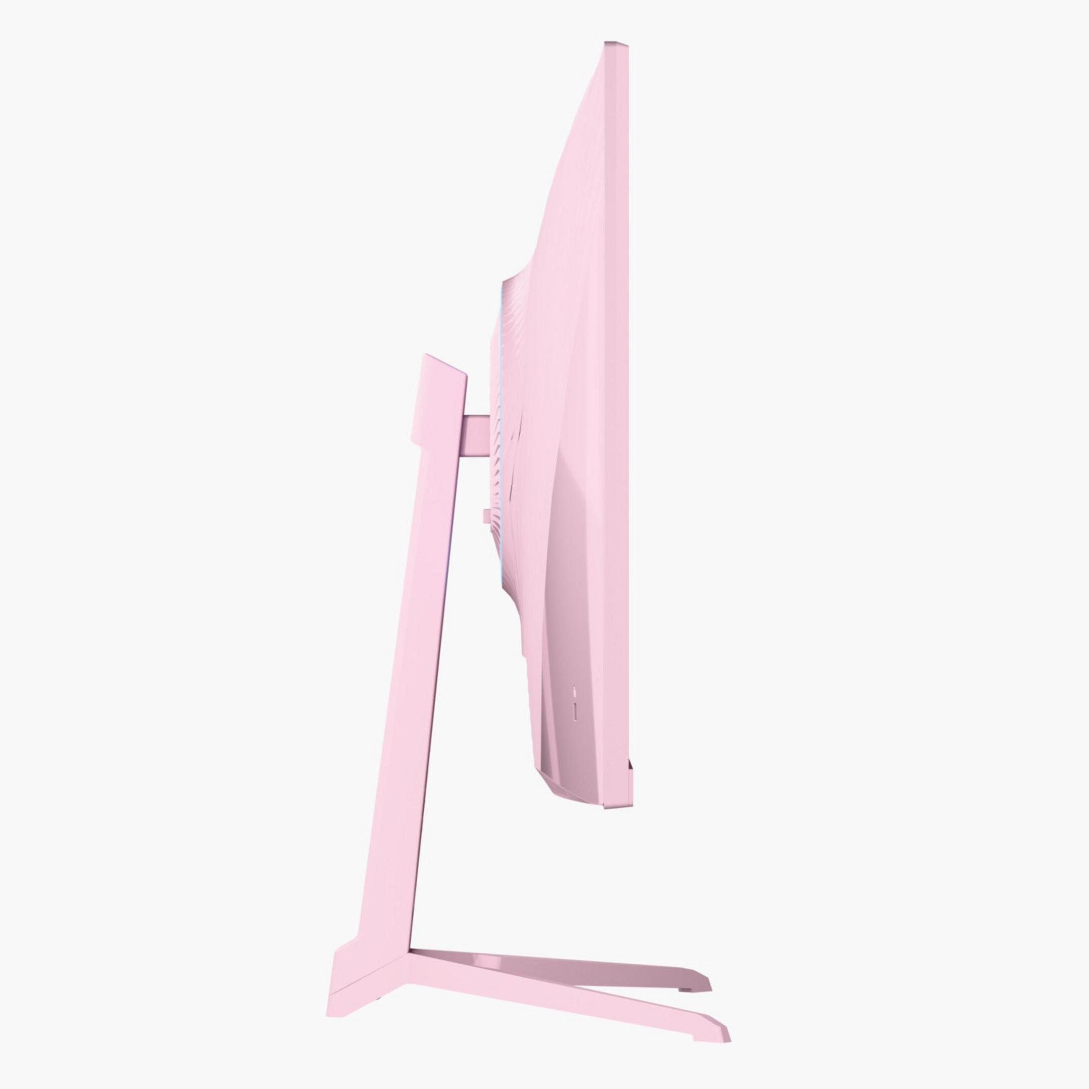 Różowy monitor na stojaku, widziany z boku.