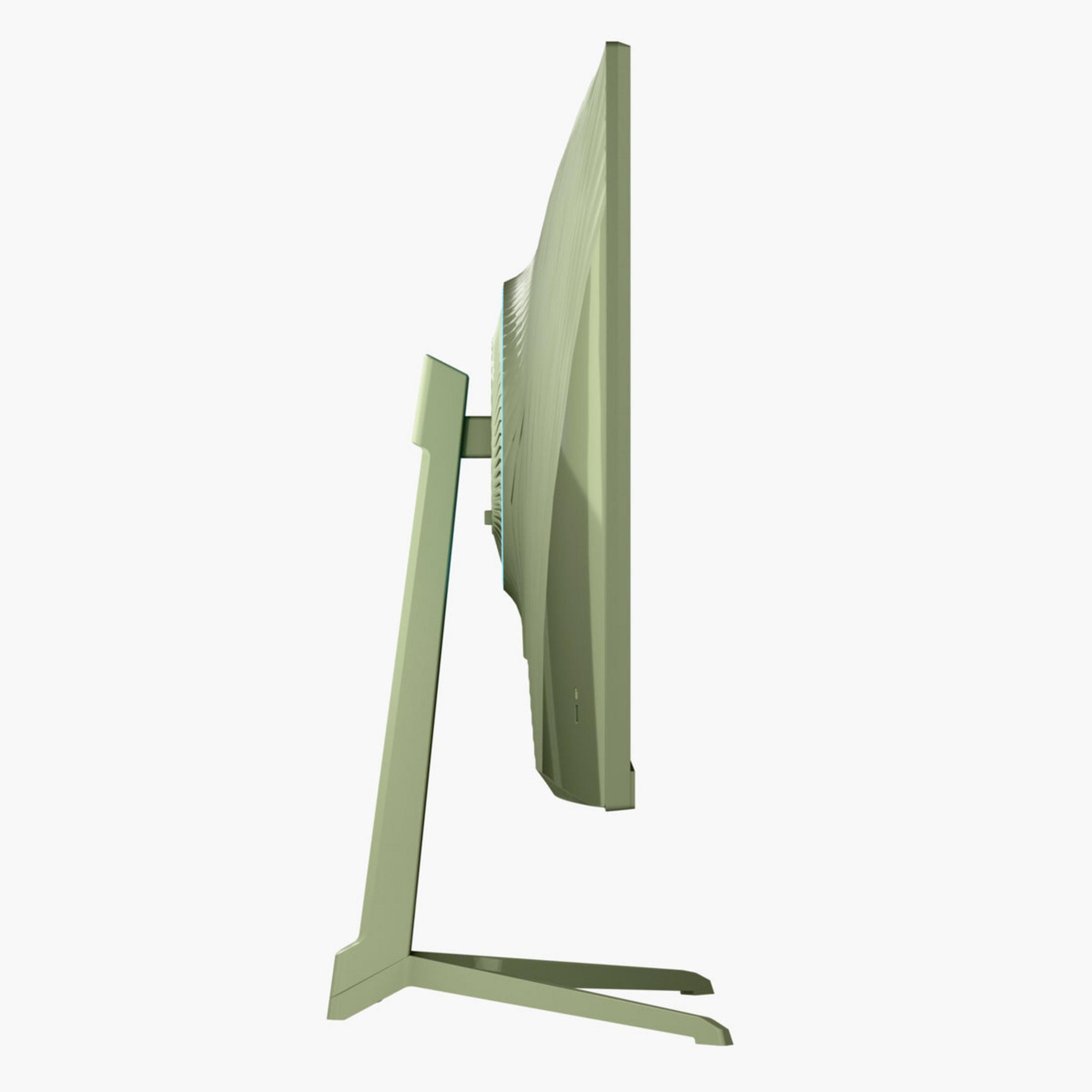 Monitor w profilu bocznym na jasnozielonym stojaku.