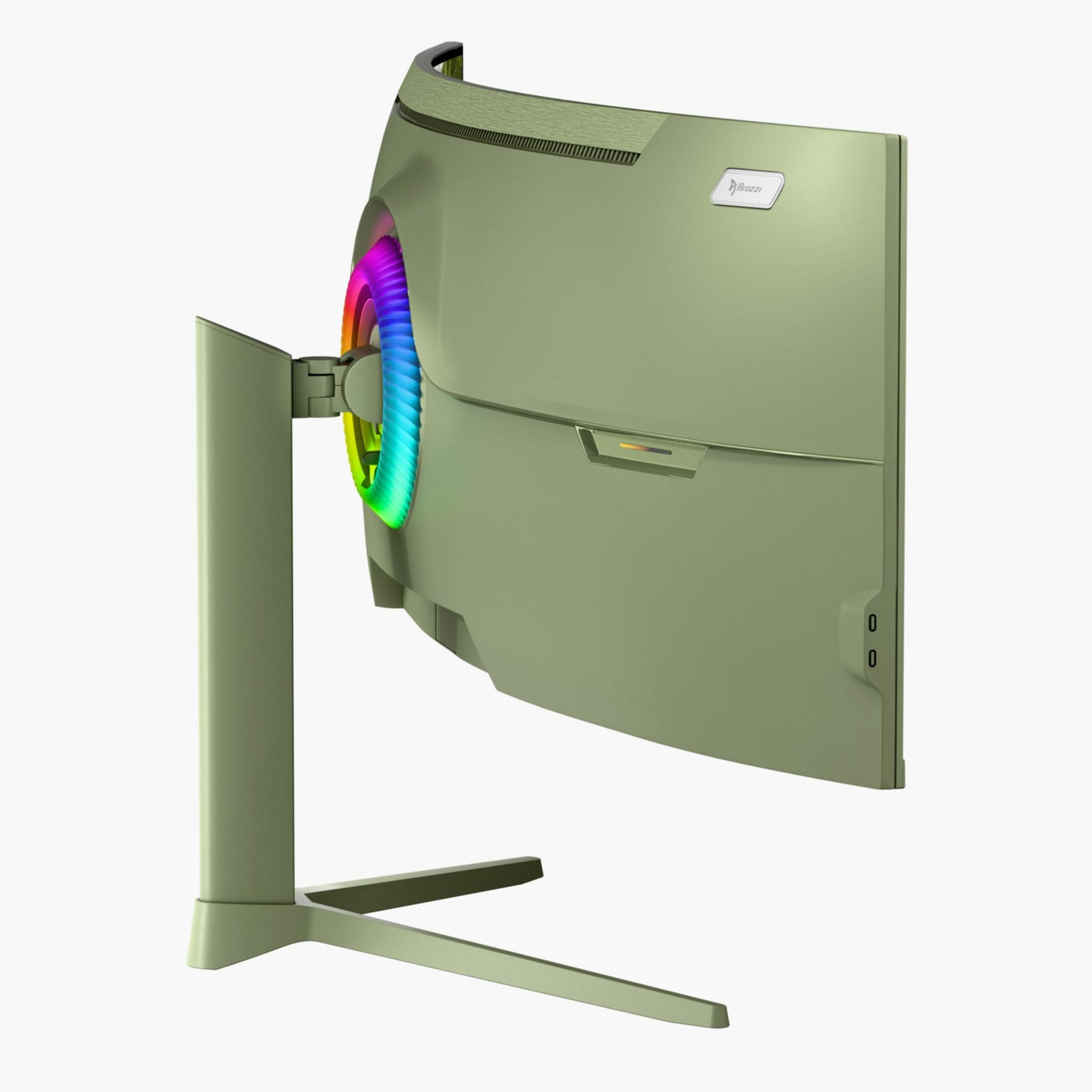 Zielony monitor z oświetleniem RGB i srebrną podstawą.