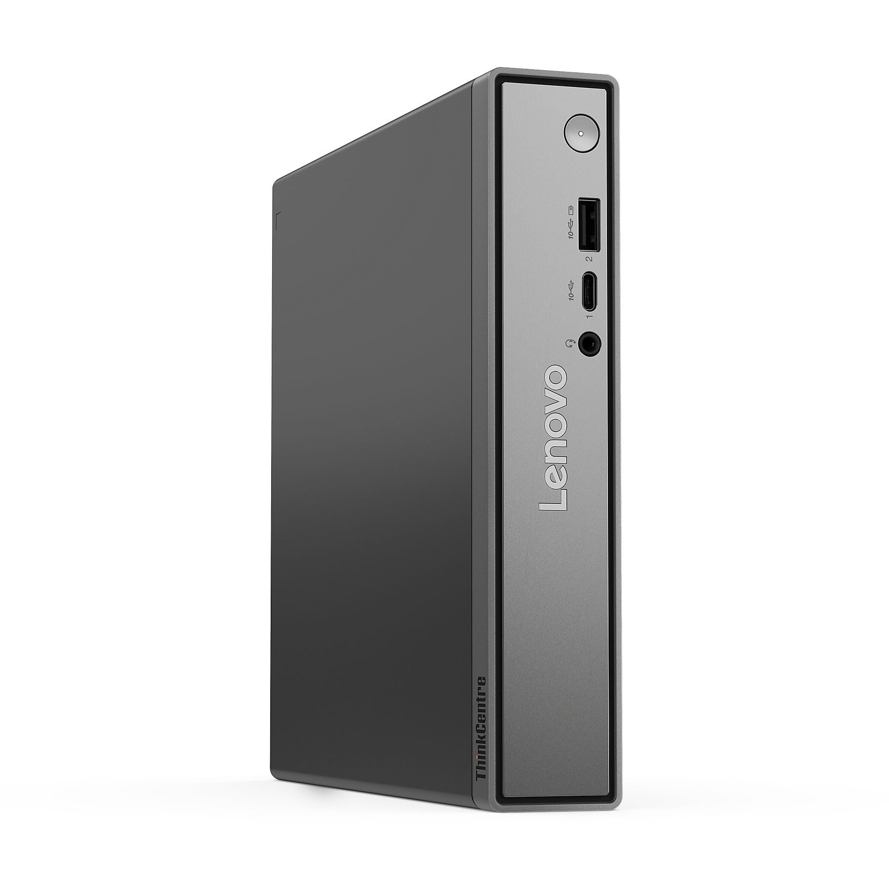 Mini PC Lenovo ThinkCentre grigio con porte anteriori e pulsante di accensione.