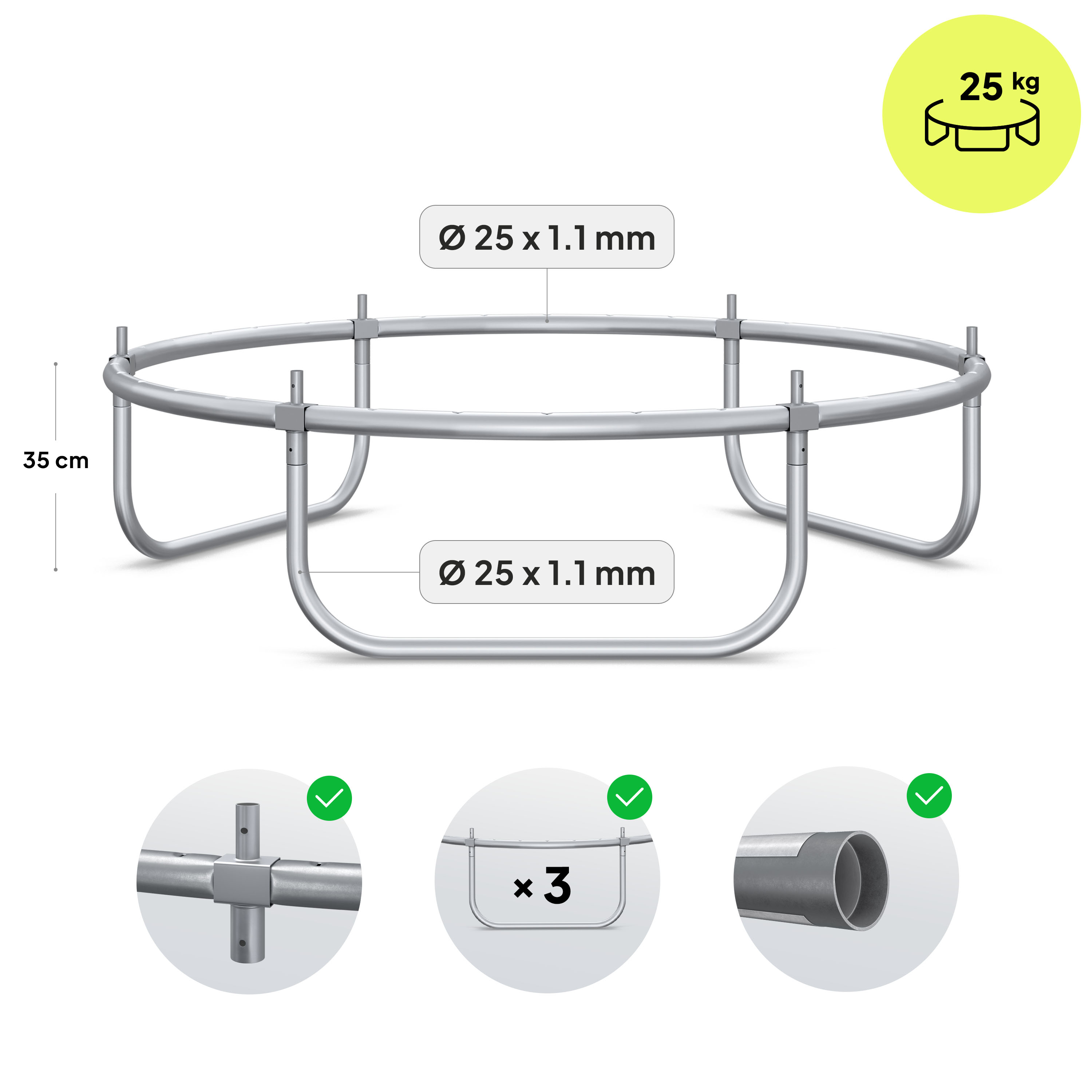 Un marco metálico plateado con soportes curvos y conectores. Altura 35cm. Peso máx. 25kg.