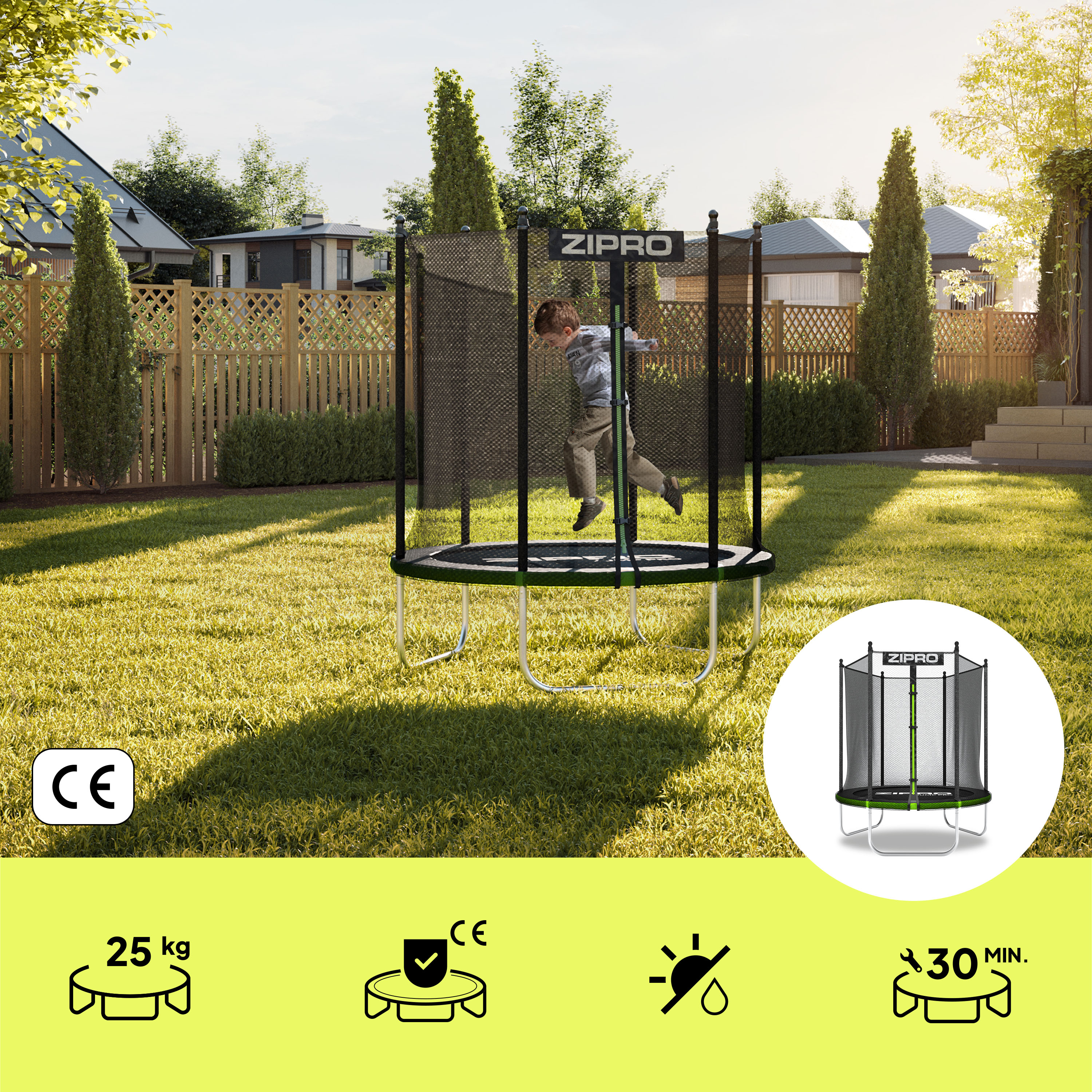 Un niño salta en un trampolín en el patio trasero. Iconos muestran peso, marca CE, protección UV y tiempo de montaje.