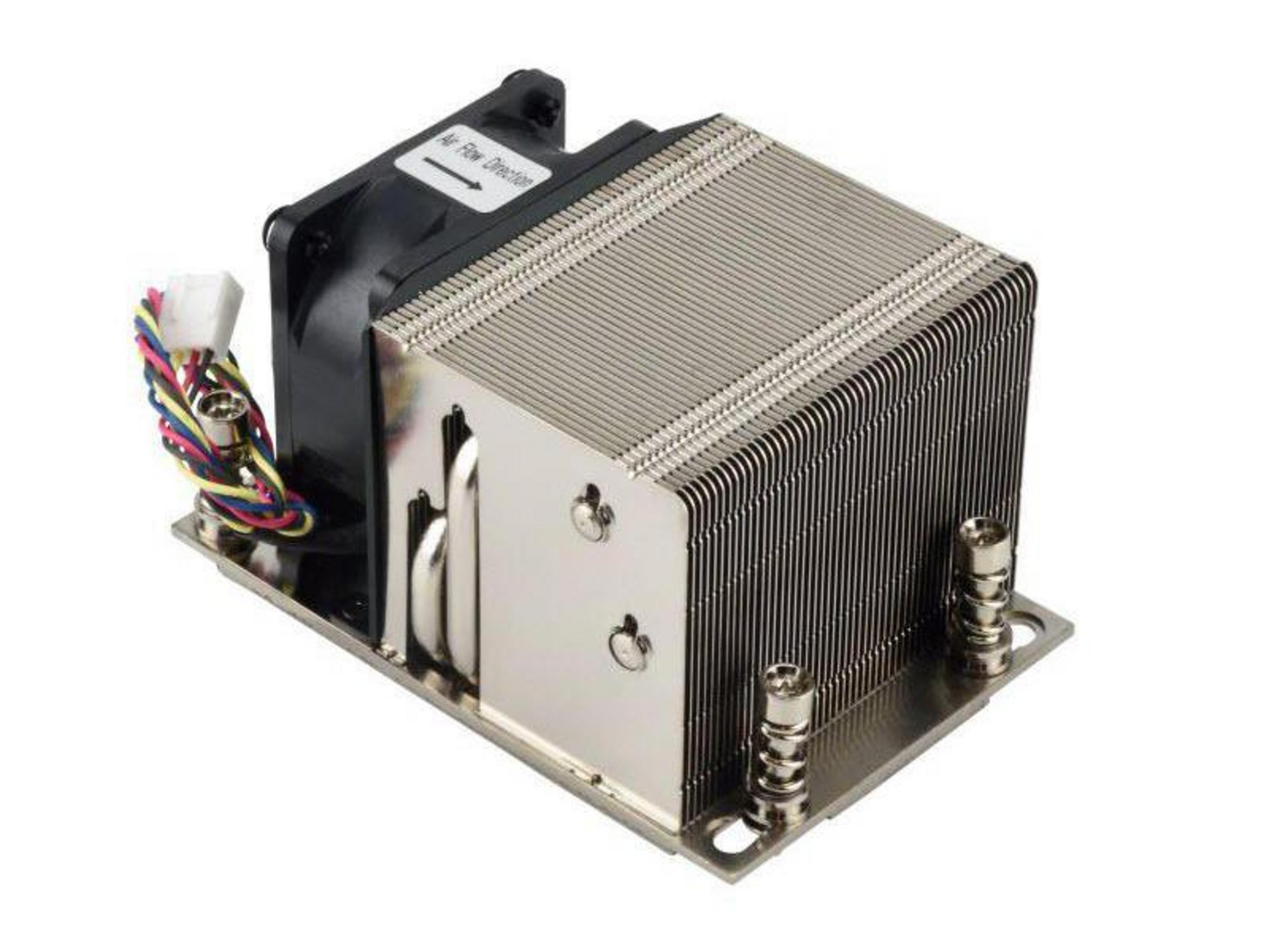 Chłodnica procesora z wentylatorem, aluminiowymi żeberkami, rurkami cieplnymi i przewodami.