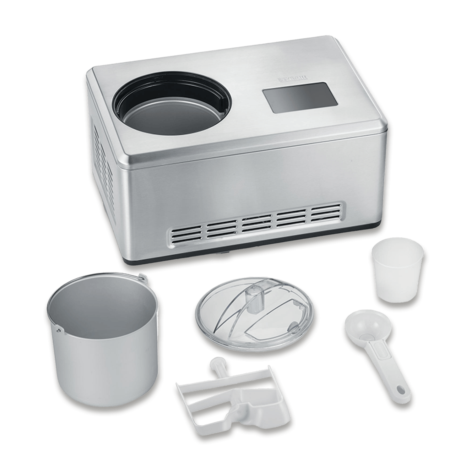 Srebrna maszynka do lodów z akcesoriami: miska, pokrywka, mieszadło i miarka.