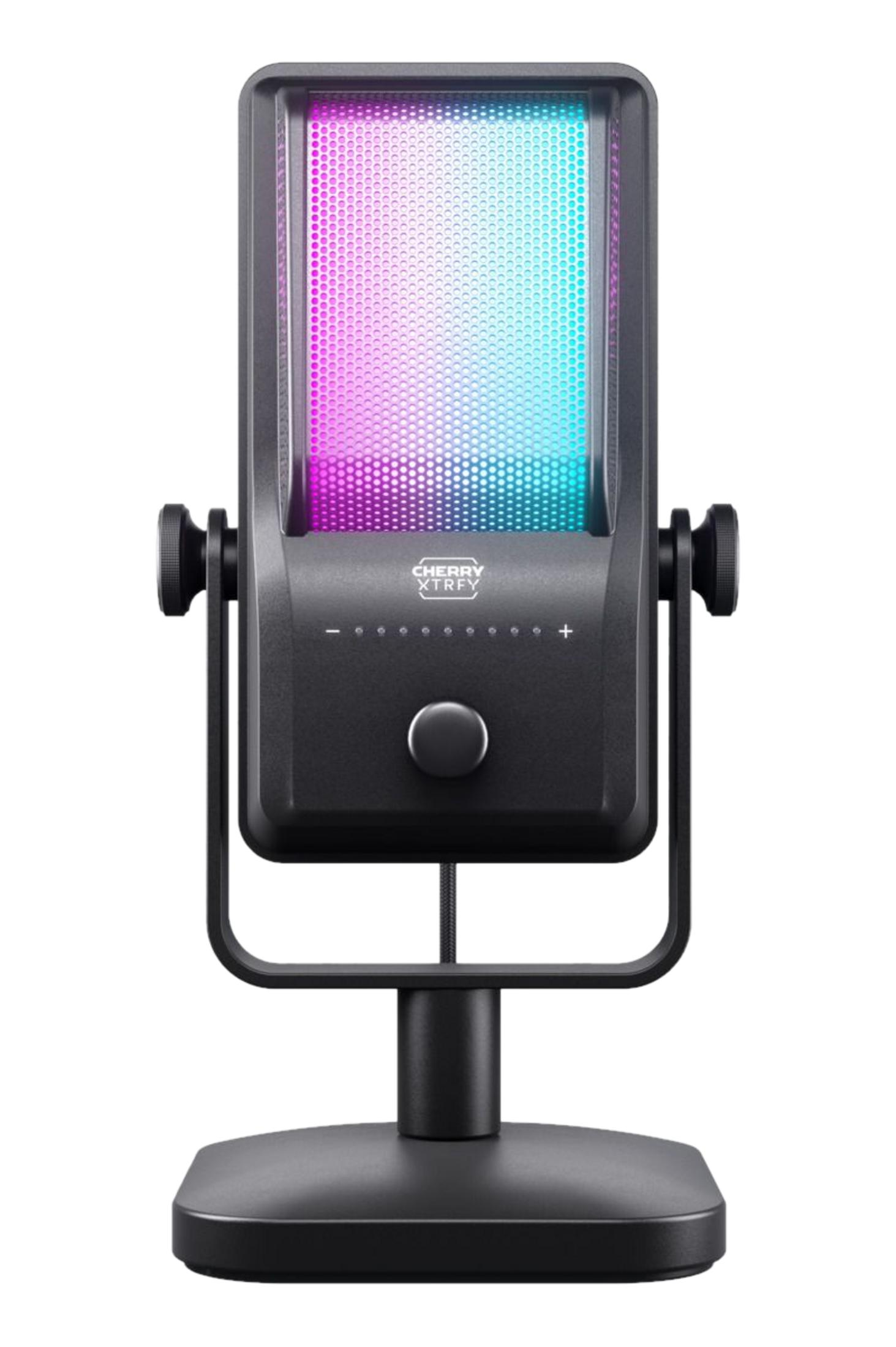 Czarny mikrofon z oświetleniem RGB i podstawką.
