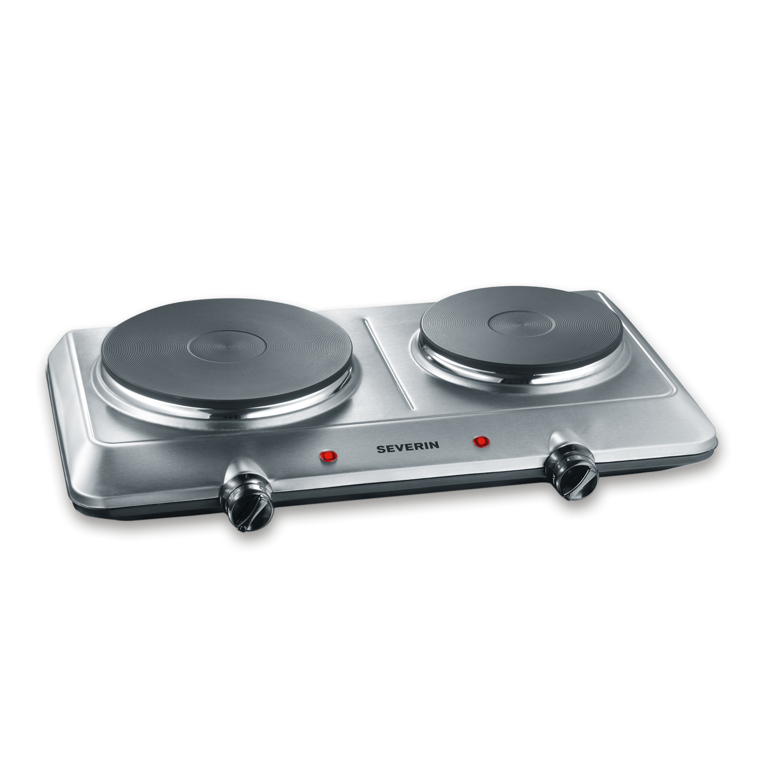 Srebrna podwójna płyta grzewcza z dwoma okrągłymi grzałkami i pokrętłami.