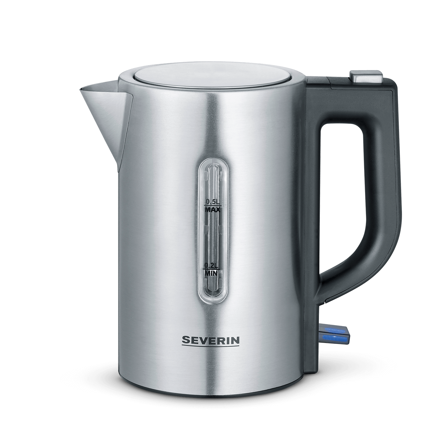 Srebrny czajnik Severin z czarnym uchwytem i wskaźnikiem poziomu wody.