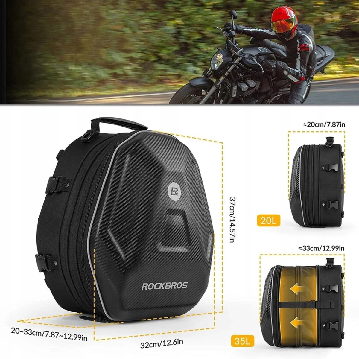 Torba motocyklowa z wymiarami i pojemnościami (20L/35L) i motocyklista na drodze.
