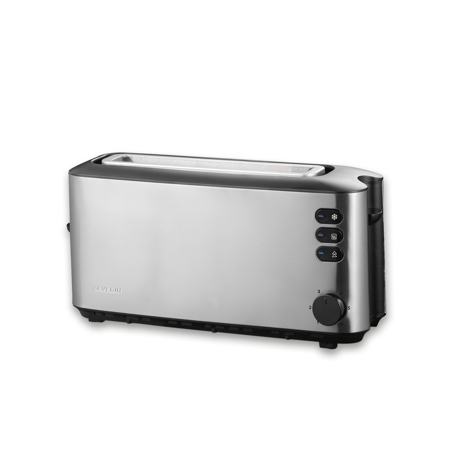 Srebrny toster Severin z pokrętłem i przyciskami na zielonym tle.