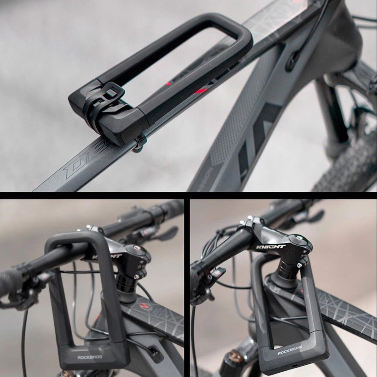 Ein schwarzes Fahrradschloss ist an einem grauen Fahrrad befestigt.