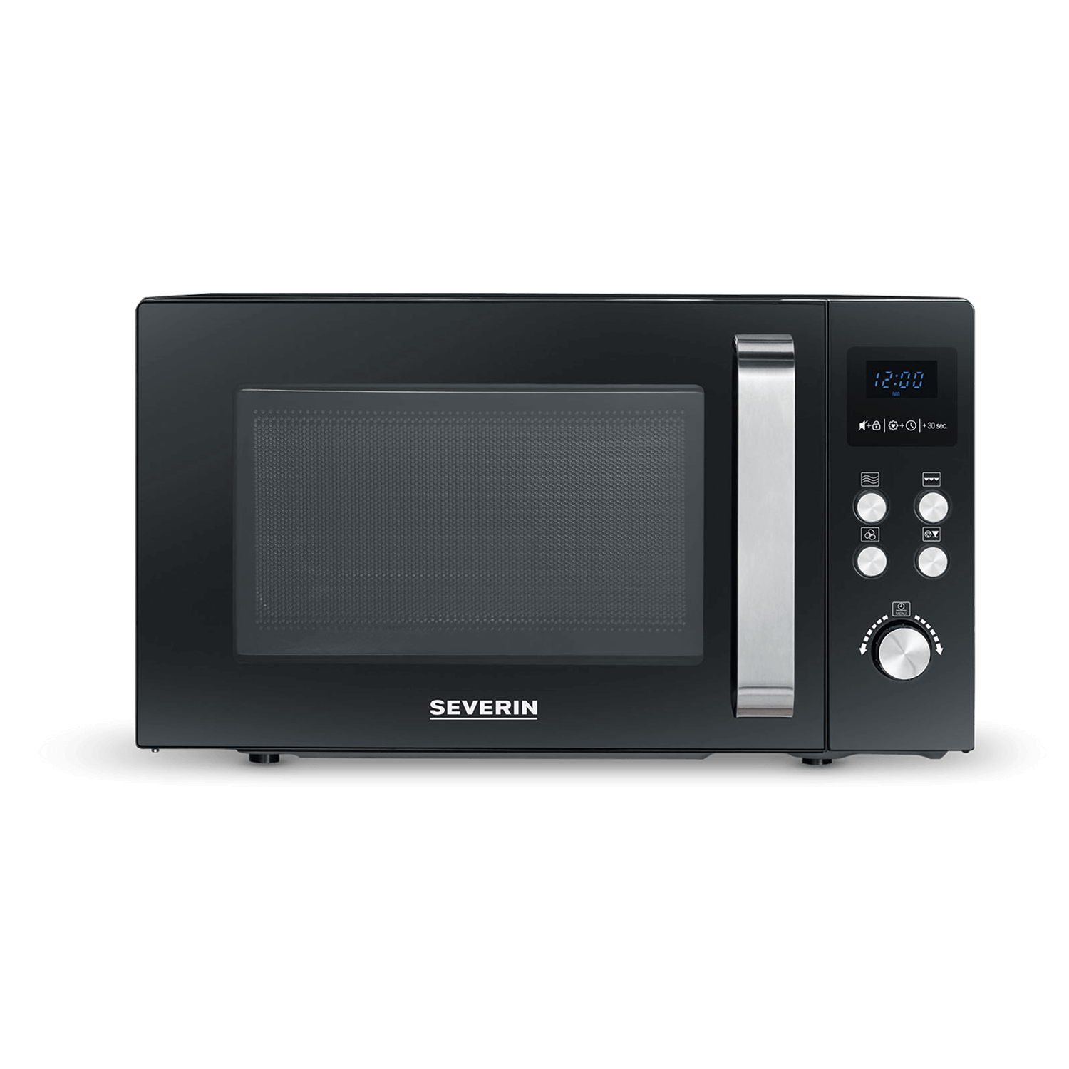 Czarna kuchenka mikrofalowa z srebrną rączką i panelem sterowania z cyfrowym wyświetlaczem.