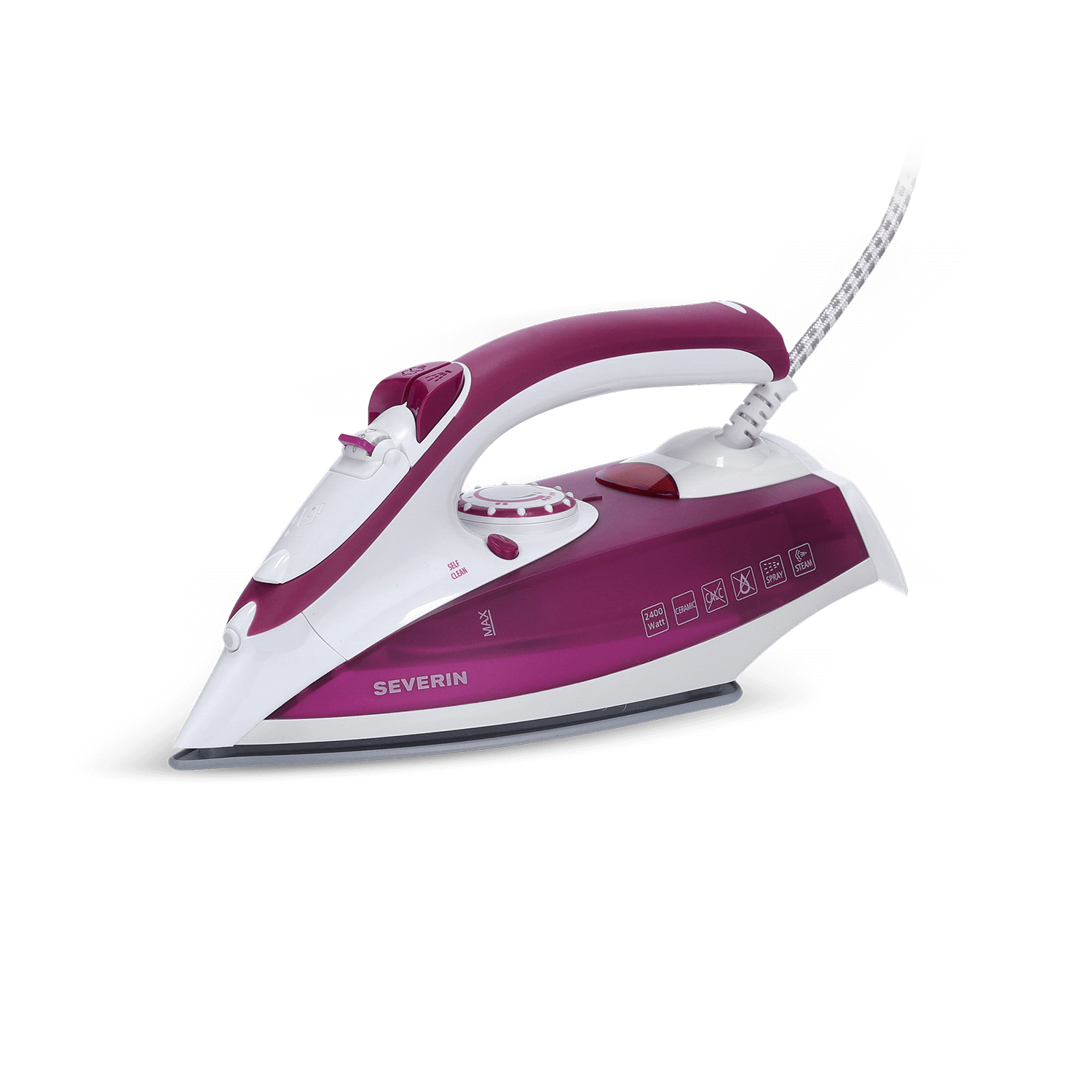 A purple and white steam iron, set against a black background.